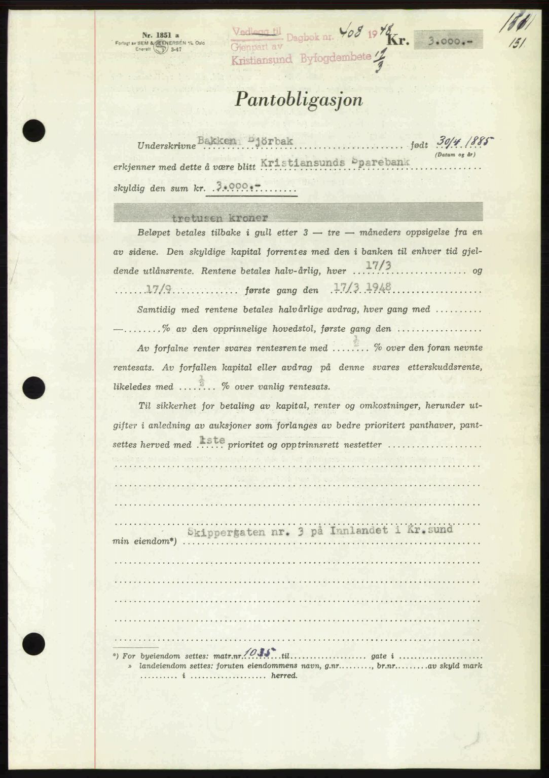 Kristiansund byfogd, AV/SAT-A-4587/A/27: Mortgage book no. 44, 1947-1948, Diary no: : 408/1948