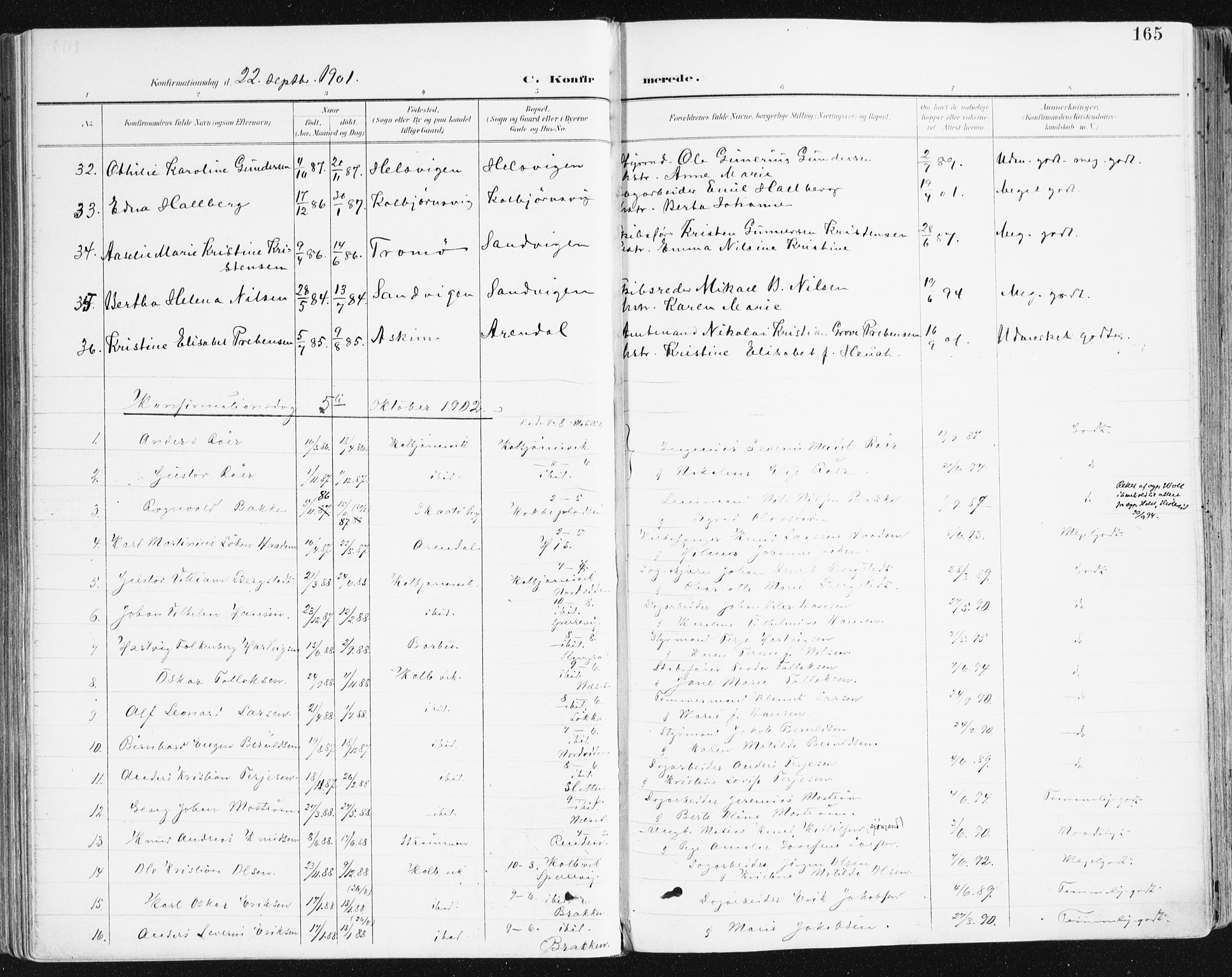 Hisøy sokneprestkontor, AV/SAK-1111-0020/F/Fa/L0004: Parish register (official) no. A 4, 1895-1917, p. 165