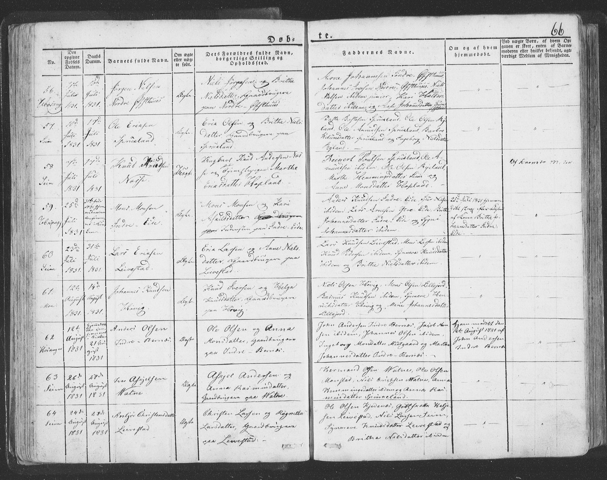 Hosanger sokneprestembete, AV/SAB-A-75801/H/Haa: Parish register (official) no. A 6, 1824-1835, p. 66