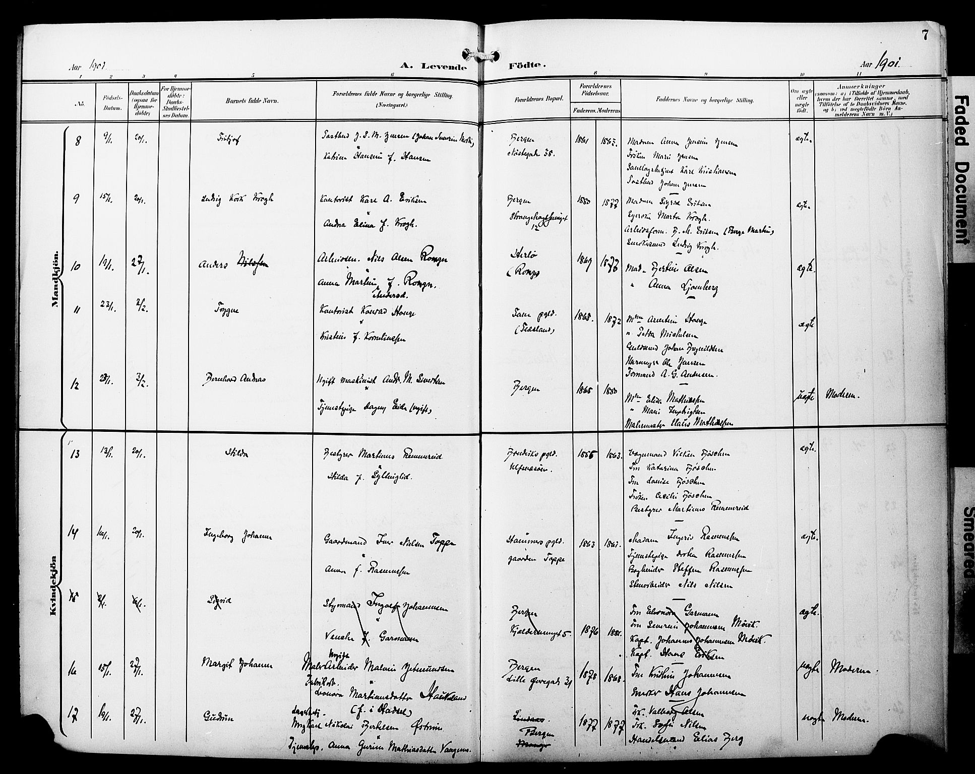 Fødselsstiftelsens sokneprestembete*, SAB/-: Parish register (copy) no. A 1, 1900-1909, p. 7