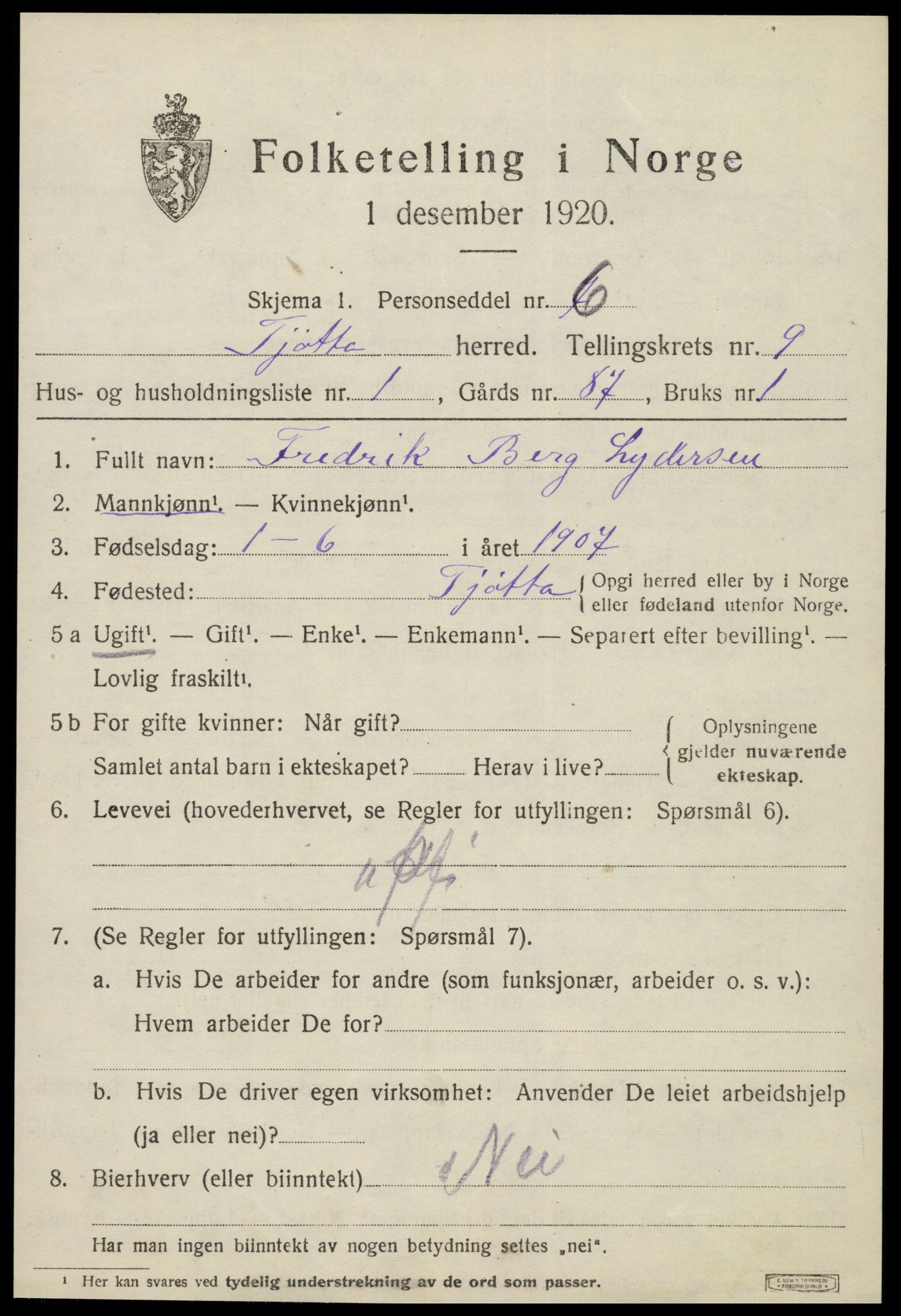 SAT, 1920 census for Tjøtta, 1920, p. 3923