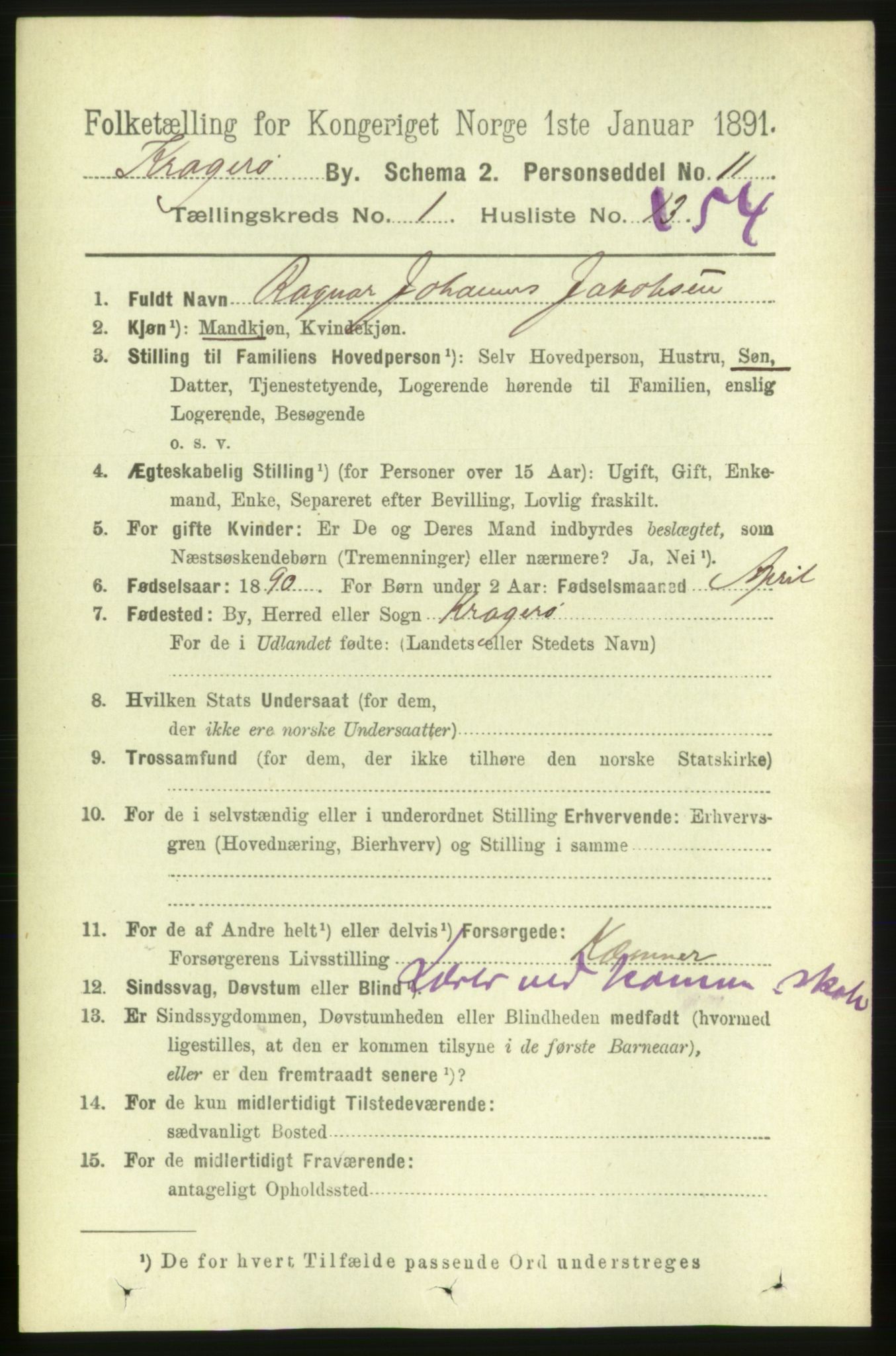 RA, 1891 census for 0801 Kragerø, 1891, p. 2113