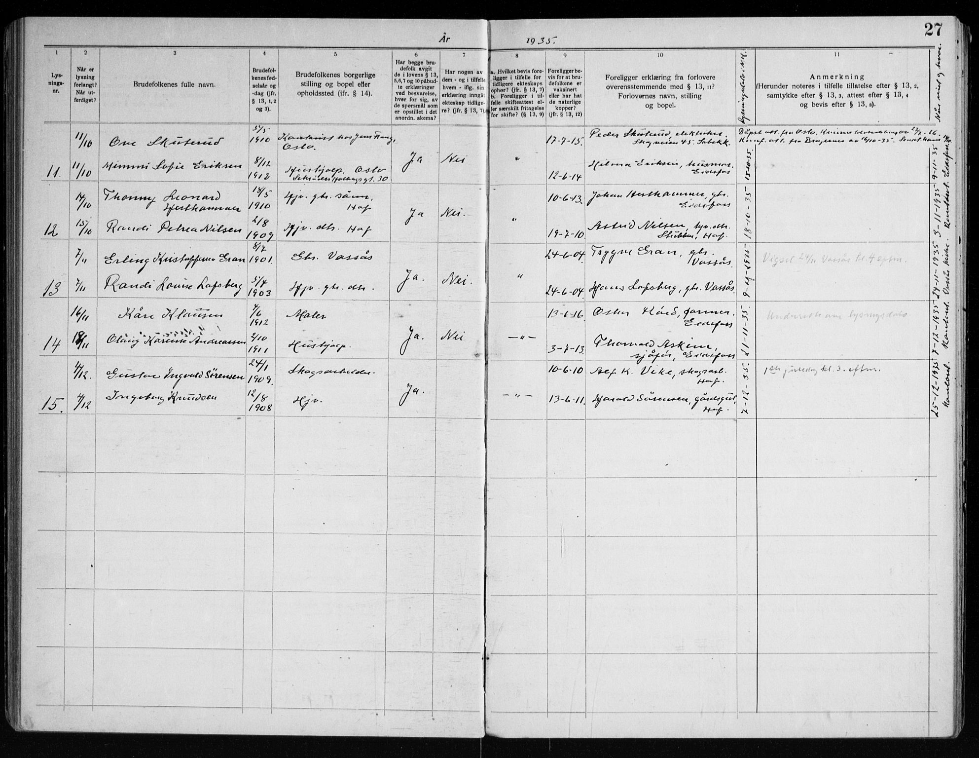 Hof kirkebøker, AV/SAKO-A-64/H/Ha/L0001: Banns register no. 1, 1919-1957, p. 27