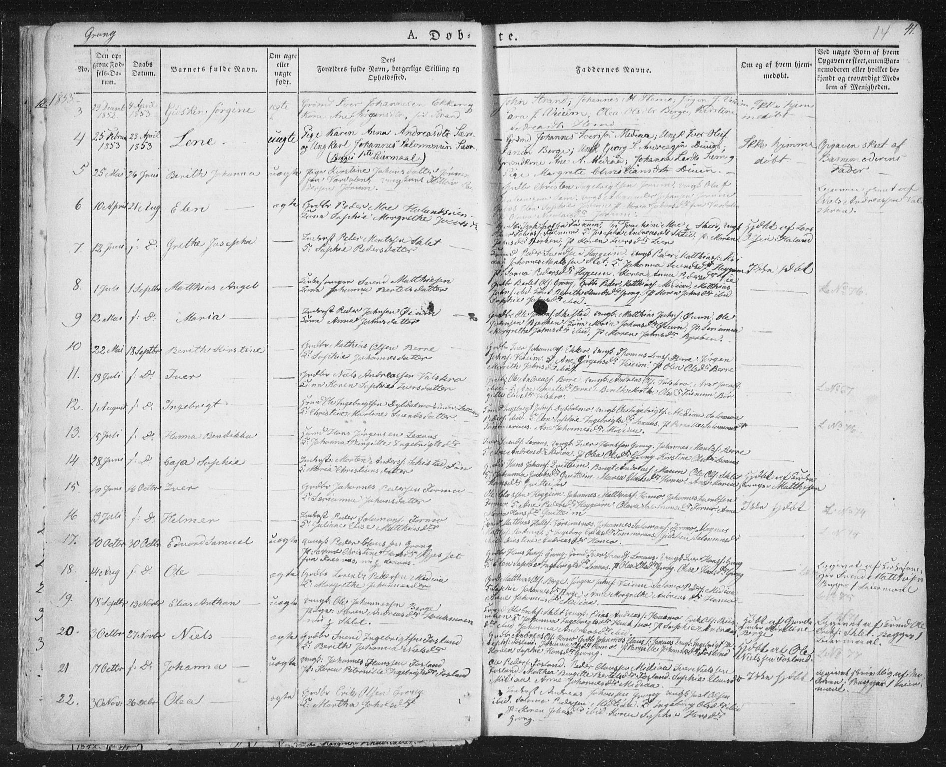 Ministerialprotokoller, klokkerbøker og fødselsregistre - Nord-Trøndelag, SAT/A-1458/758/L0513: Parish register (official) no. 758A02 /1, 1839-1868, p. 14