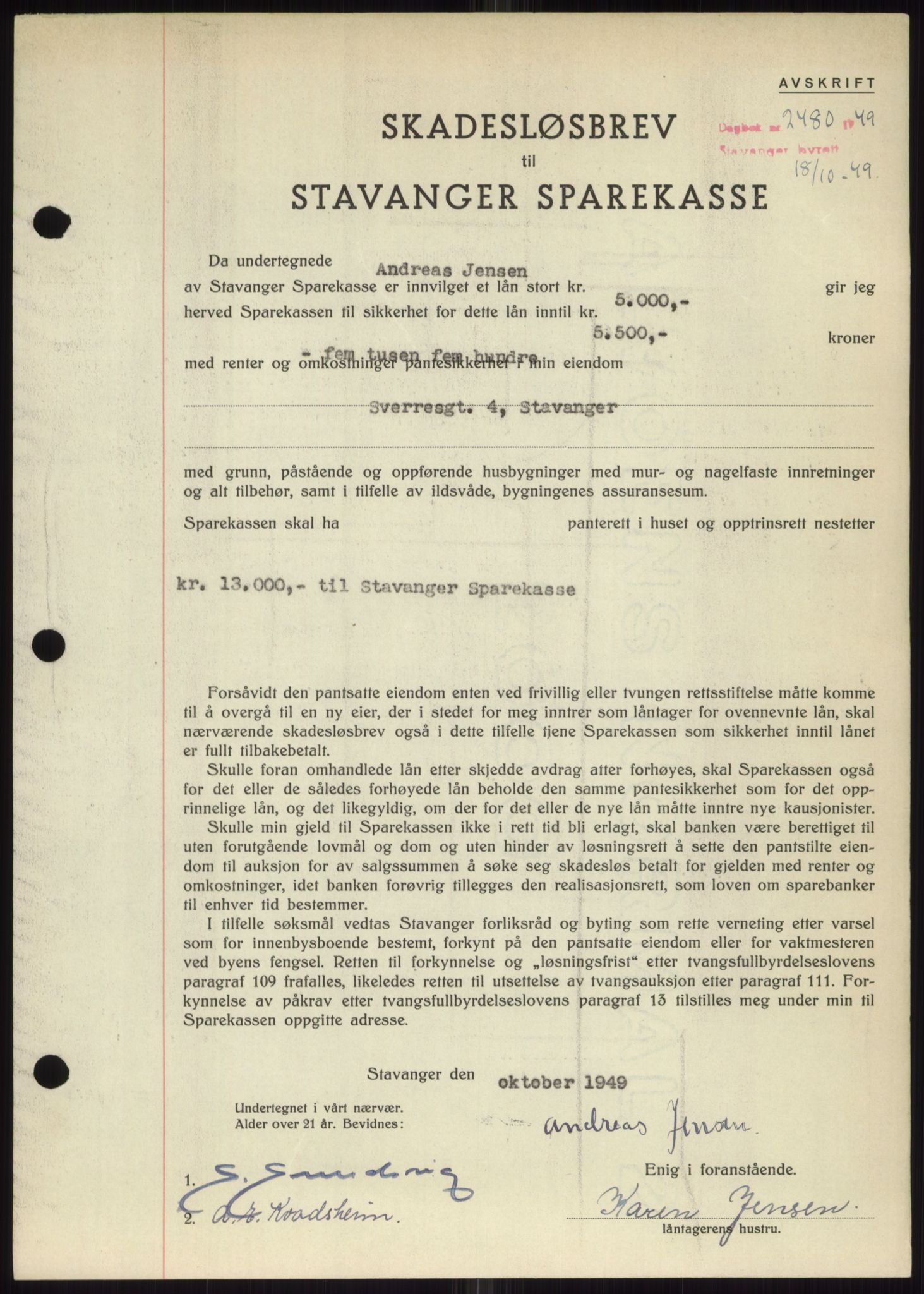 Stavanger byrett, SAST/A-100455/002/G/Gb/L0032: Mortgage book, 1947-1950, Diary no: : 2480/1949