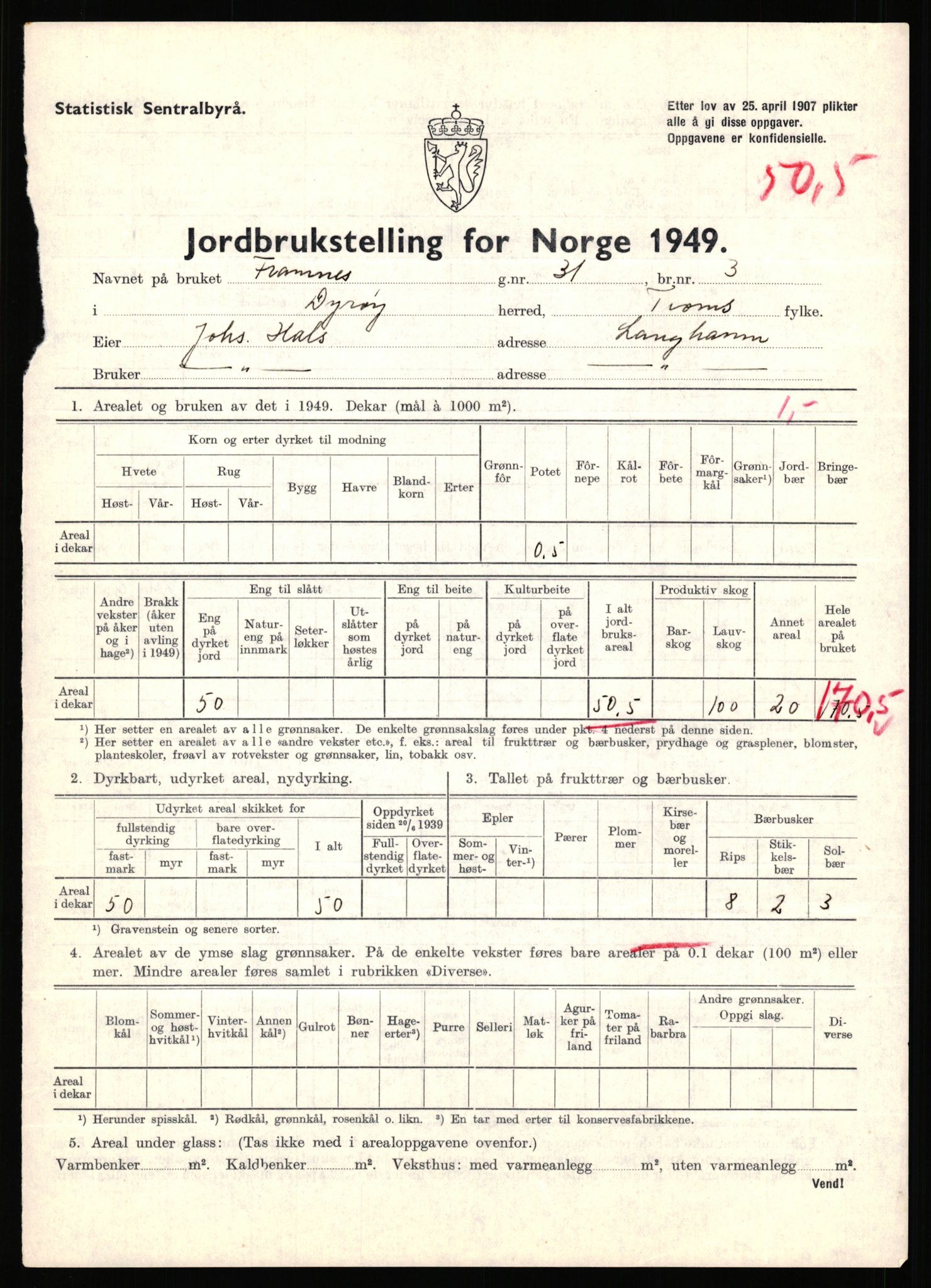Statistisk sentralbyrå, Næringsøkonomiske emner, Jordbruk, skogbruk, jakt, fiske og fangst, AV/RA-S-2234/G/Gc/L0440: Troms: Sørreisa og Dyrøy, 1949, p. 1610