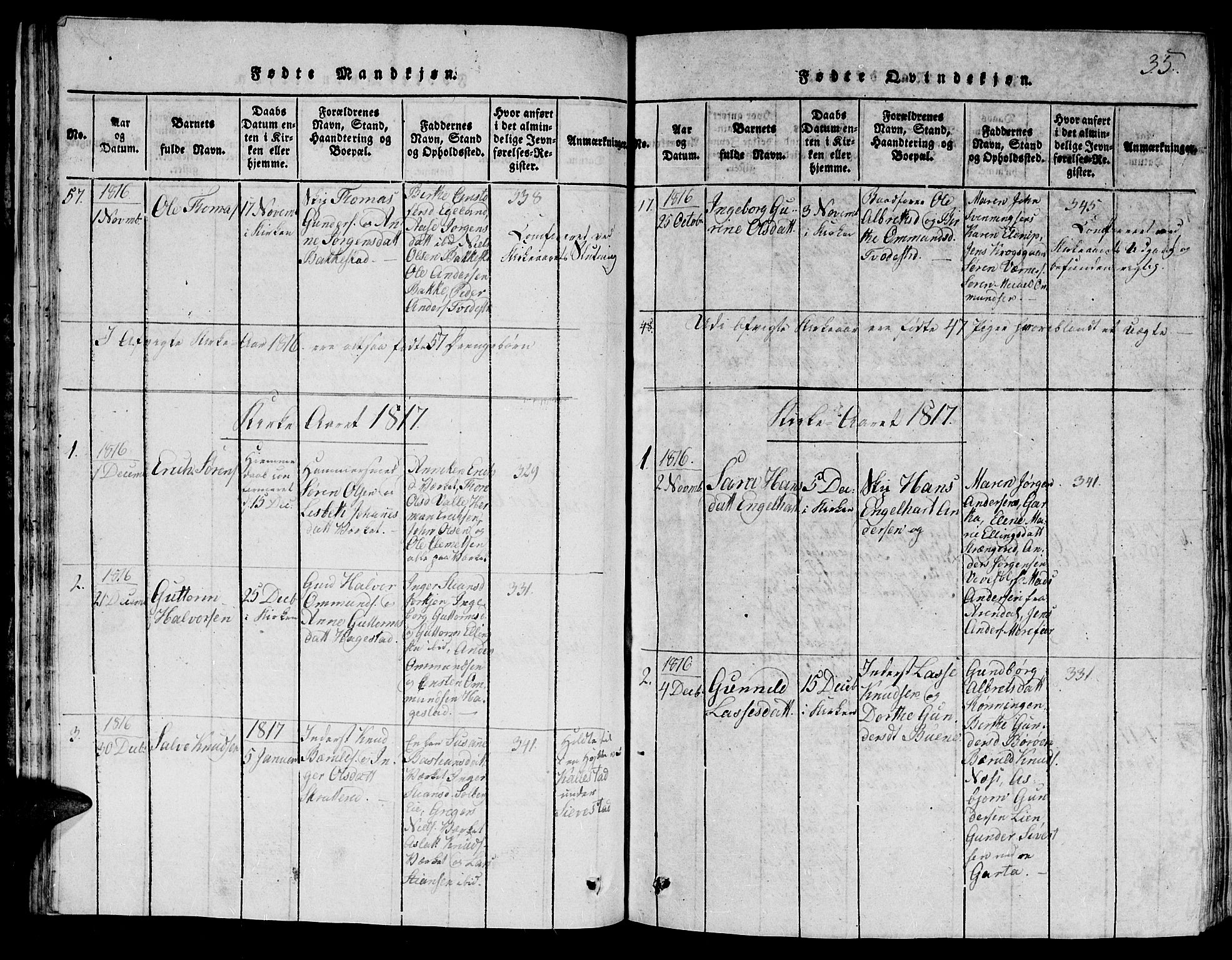 Holt sokneprestkontor, AV/SAK-1111-0021/F/Fb/L0006: Parish register (copy) no. B 6, 1813-1823, p. 35