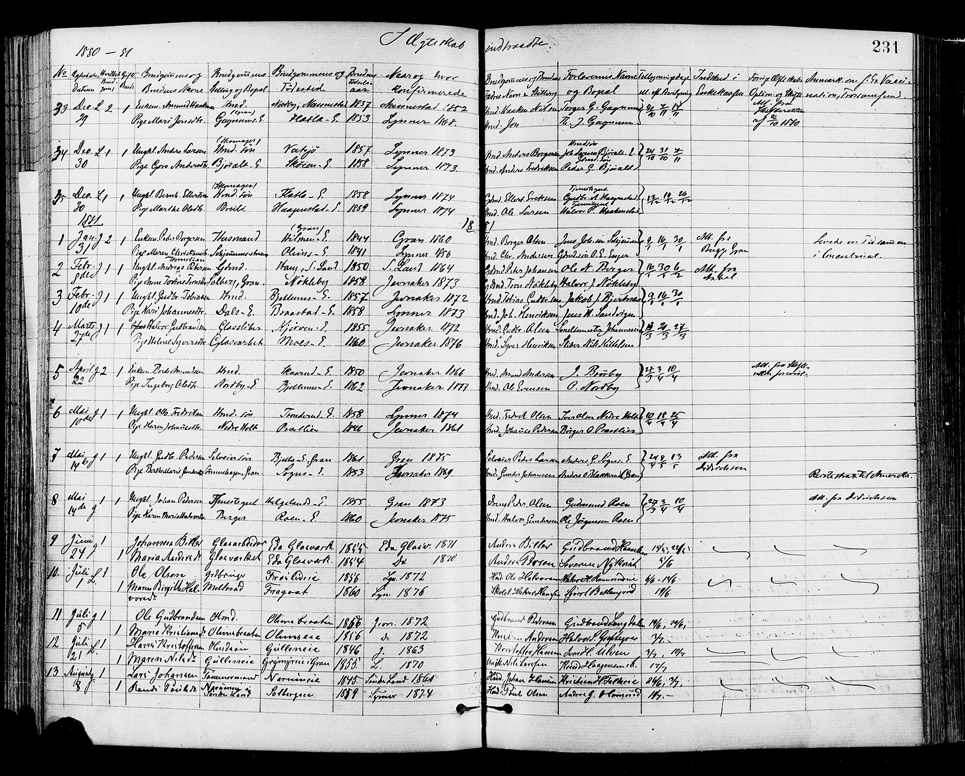 Jevnaker prestekontor, SAH/PREST-116/H/Ha/Haa/L0008: Parish register (official) no. 8, 1877-1890, p. 231