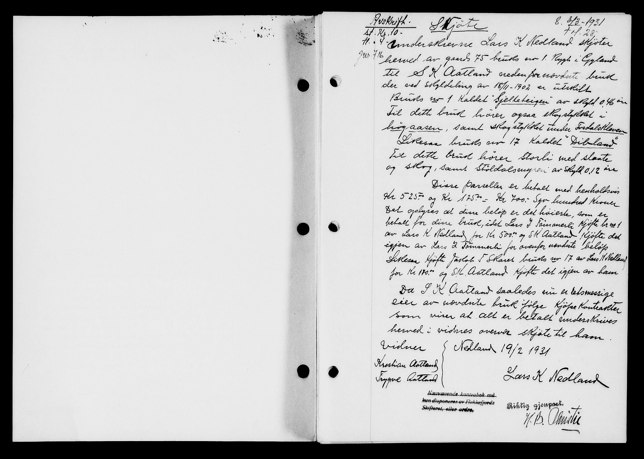 Flekkefjord sorenskriveri, AV/SAK-1221-0001/G/Gb/Gba/L0046: Mortgage book no. 44, 1930-1931, Deed date: 03.03.1931