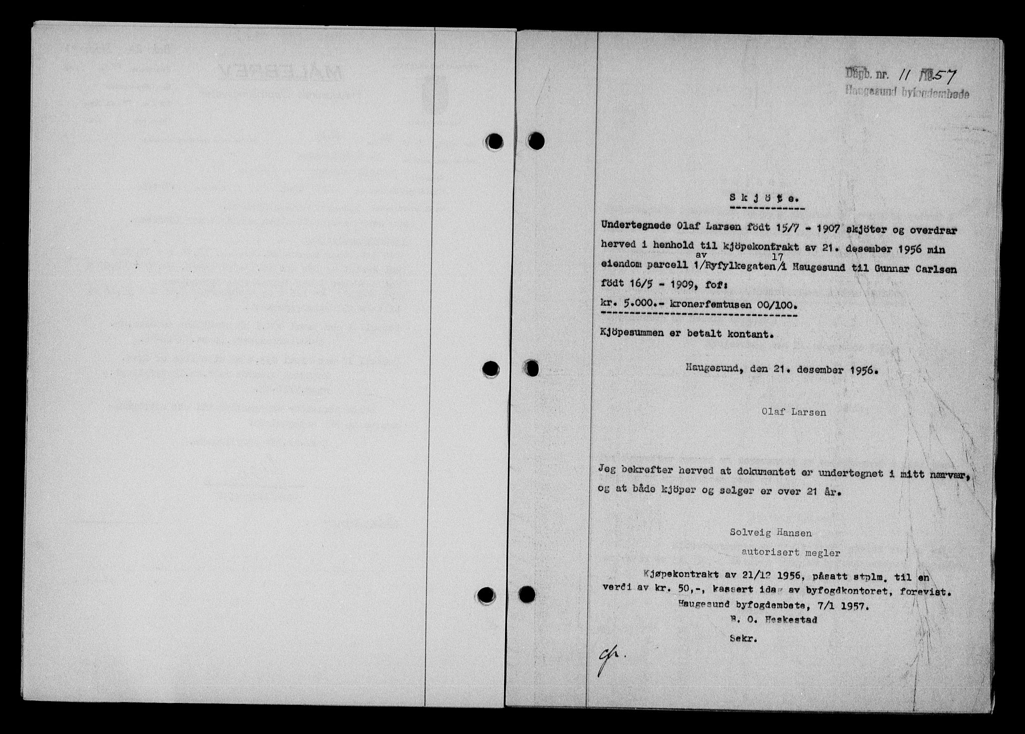 Haugesund tingrett, AV/SAST-A-101415/01/II/IIC/L0068: Mortgage book no. A 9, 1956-1958, Diary no: : 11/1957