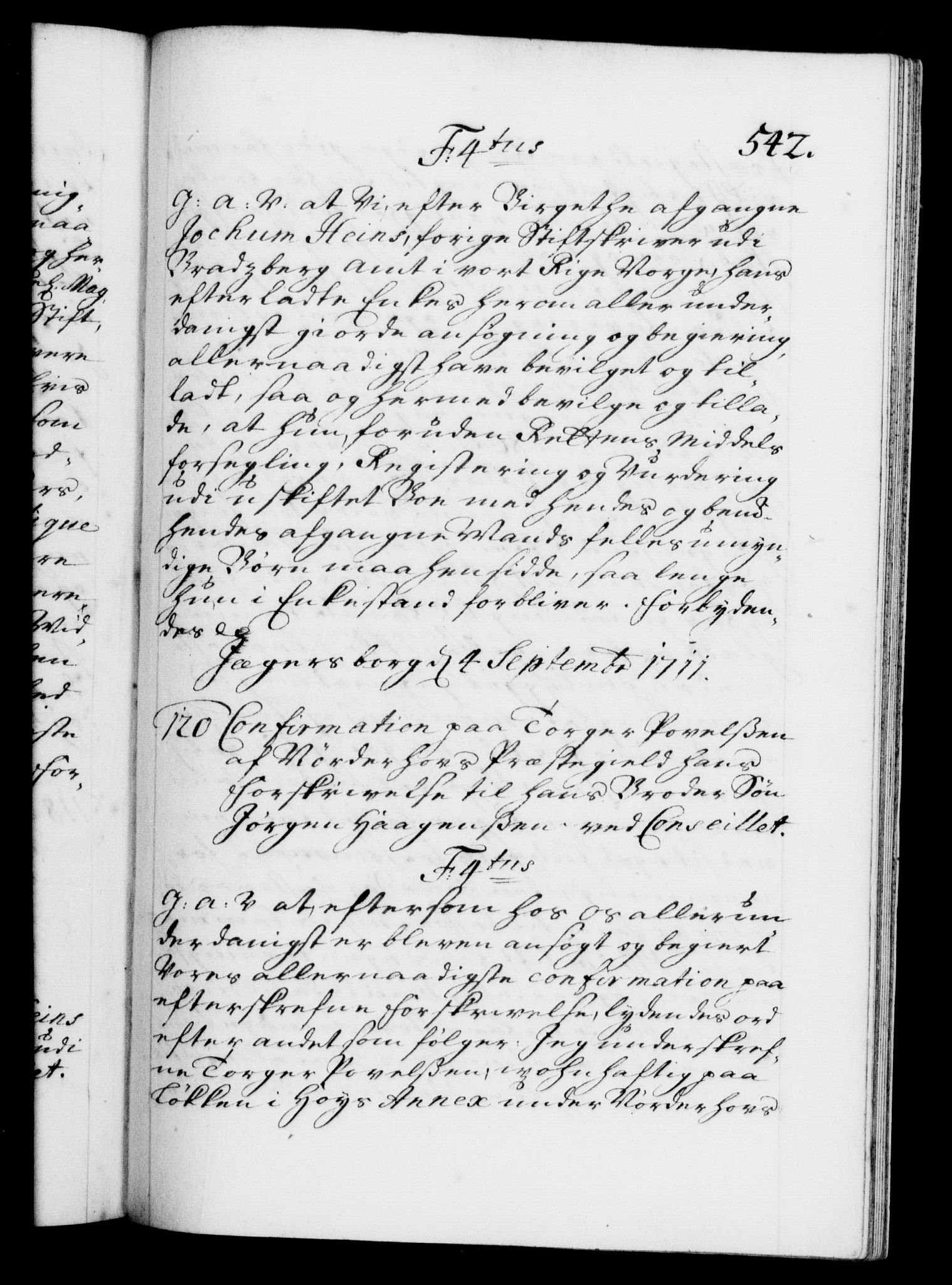 Danske Kanselli 1572-1799, AV/RA-EA-3023/F/Fc/Fca/Fcaa/L0020: Norske registre, 1708-1711, p. 542a