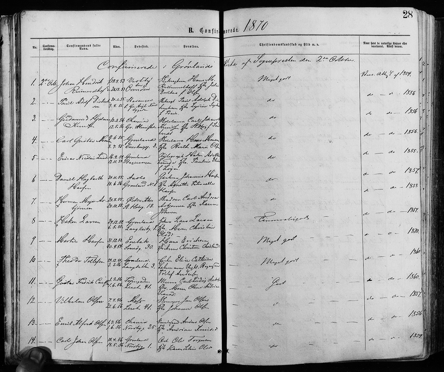 Grønland prestekontor Kirkebøker, AV/SAO-A-10848/F/Fa/L0005: Parish register (official) no. 5, 1869-1880, p. 28