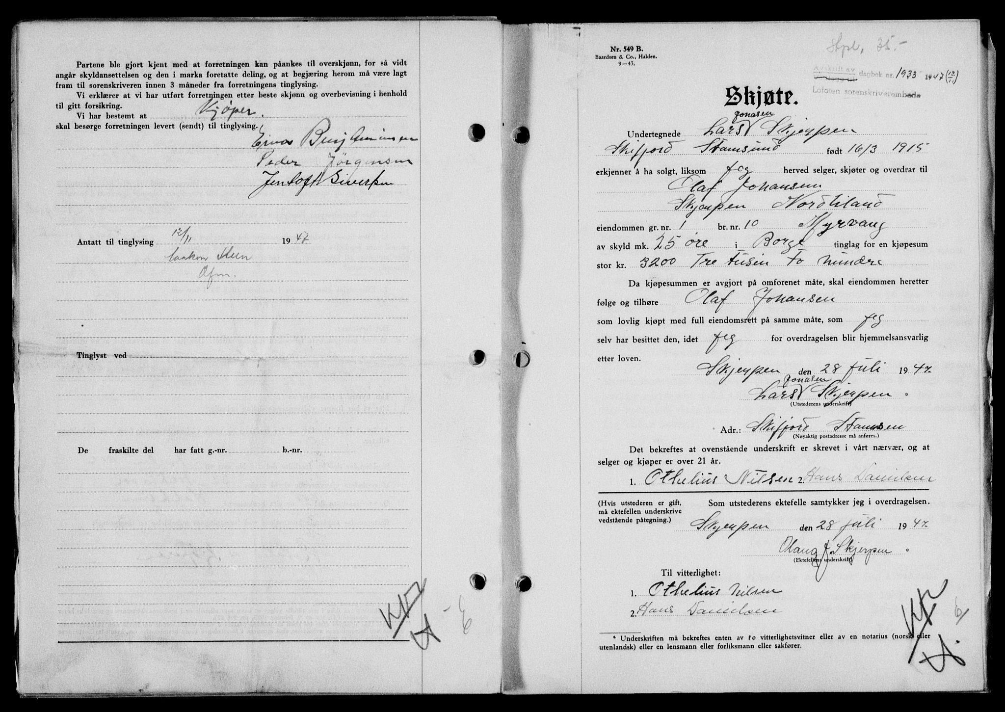 Lofoten sorenskriveri, SAT/A-0017/1/2/2C/L0017a: Mortgage book no. 17a, 1947-1948, Diary no: : 1933/1947