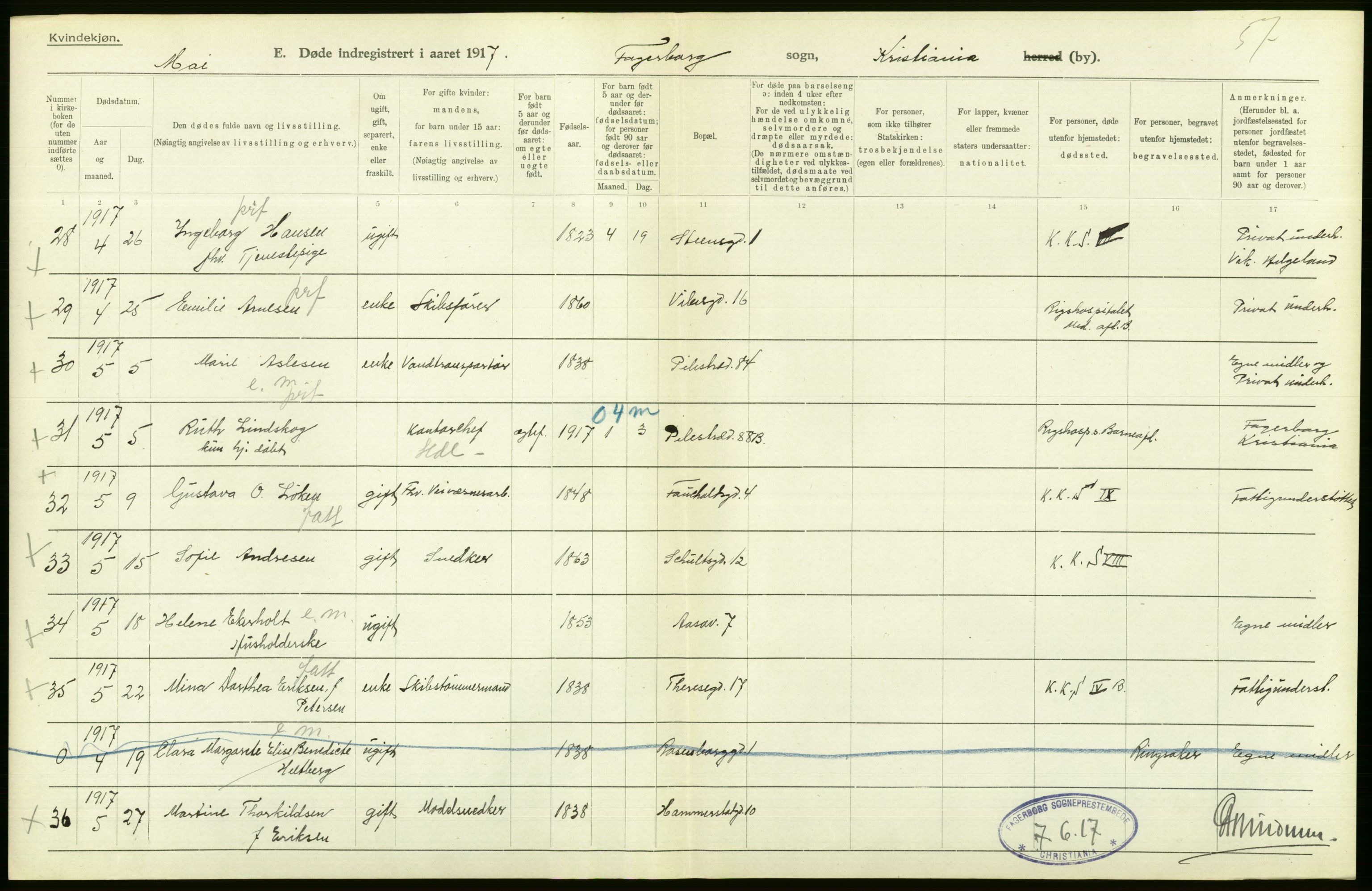 Statistisk sentralbyrå, Sosiodemografiske emner, Befolkning, AV/RA-S-2228/D/Df/Dfb/Dfbg/L0010: Kristiania: Døde, 1917, p. 248