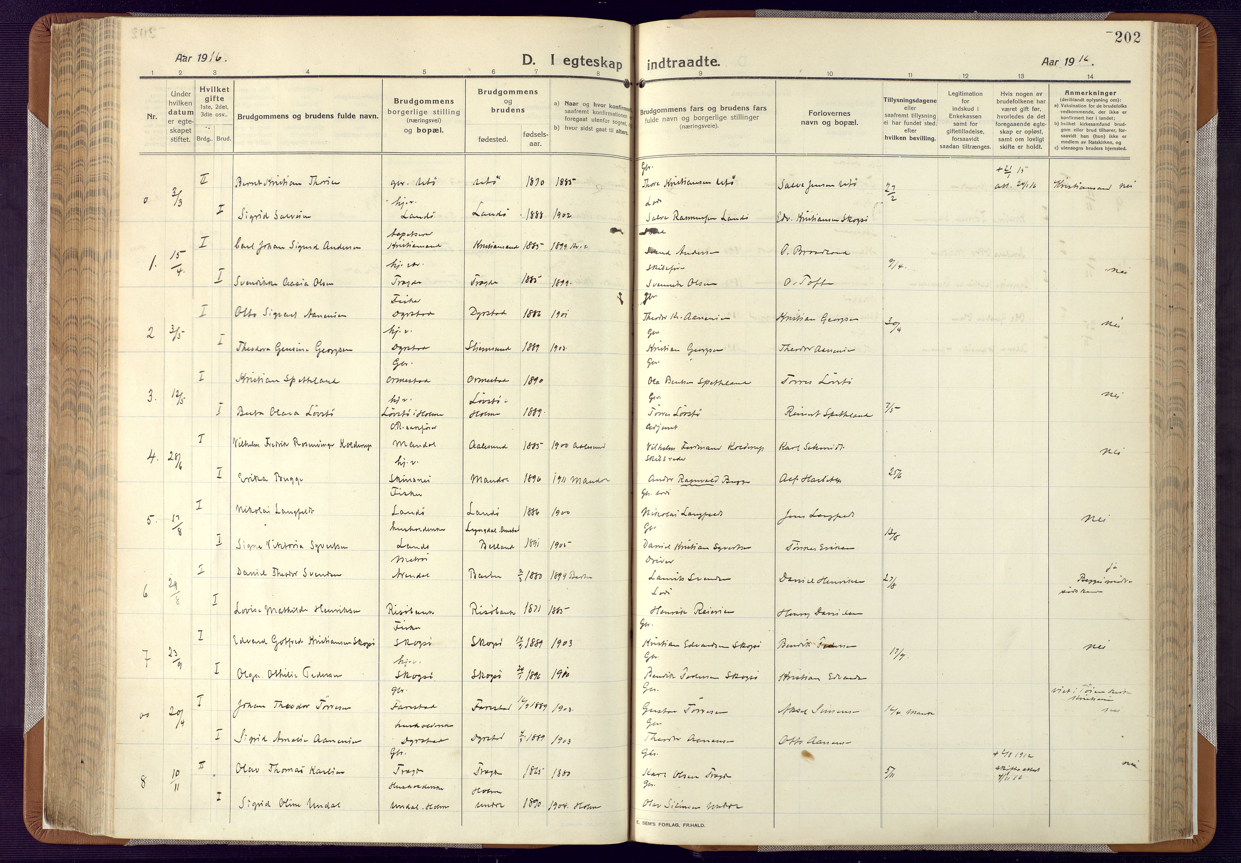 Mandal sokneprestkontor, SAK/1111-0030/F/Fa/Faa/L0022: Parish register (official) no. A 22, 1913-1925, p. 202