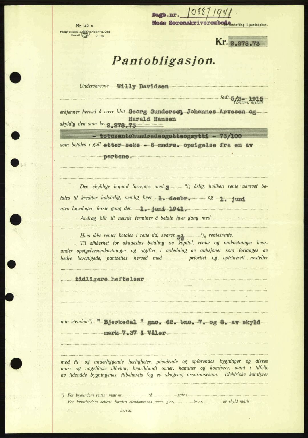 Moss sorenskriveri, SAO/A-10168: Mortgage book no. B10, 1940-1941, Diary no: : 1088/1941
