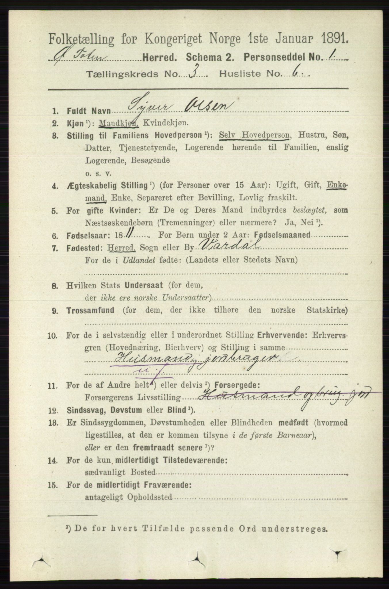 RA, 1891 census for 0528 Østre Toten, 1891, p. 1588