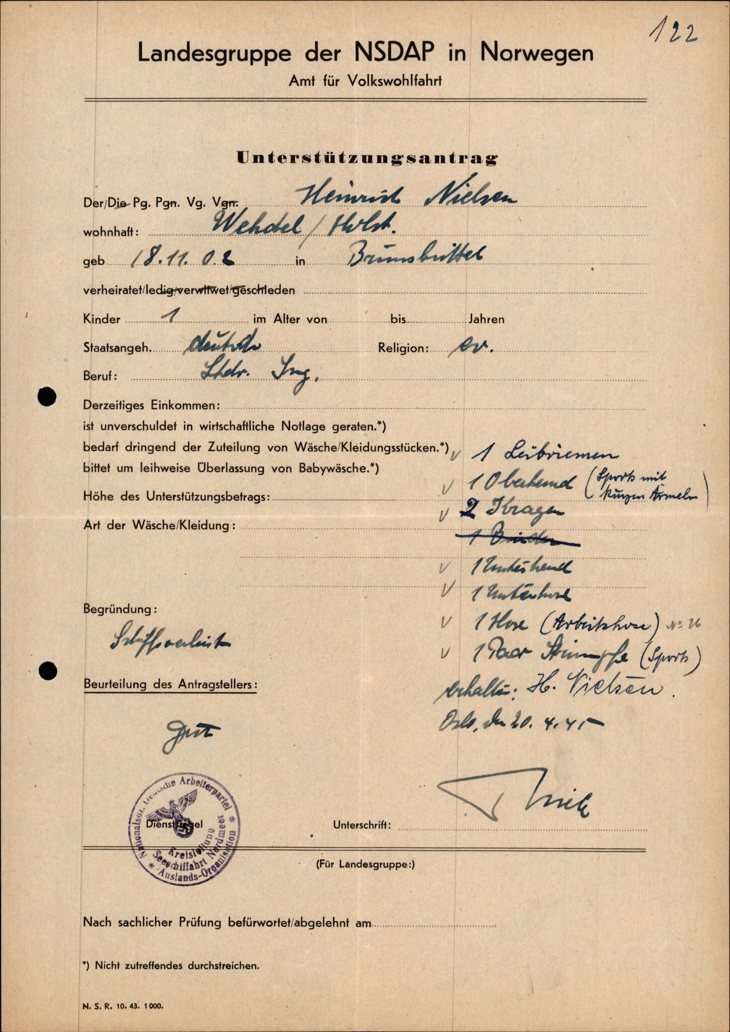 Forsvarets Overkommando. 2 kontor. Arkiv 11.4. Spredte tyske arkivsaker, AV/RA-RAFA-7031/D/Dar/Darb/L0015: Reichskommissariat - NSDAP in Norwegen, 1938-1945, p. 717