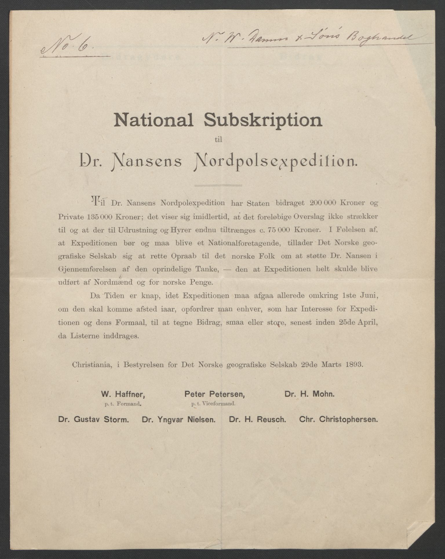 Arbeidskomitéen for Fridtjof Nansens polarekspedisjon, AV/RA-PA-0061/D/L0001/0006: Pengeinnsamlingen / Bidragslister med følgebrev, 1893, p. 12