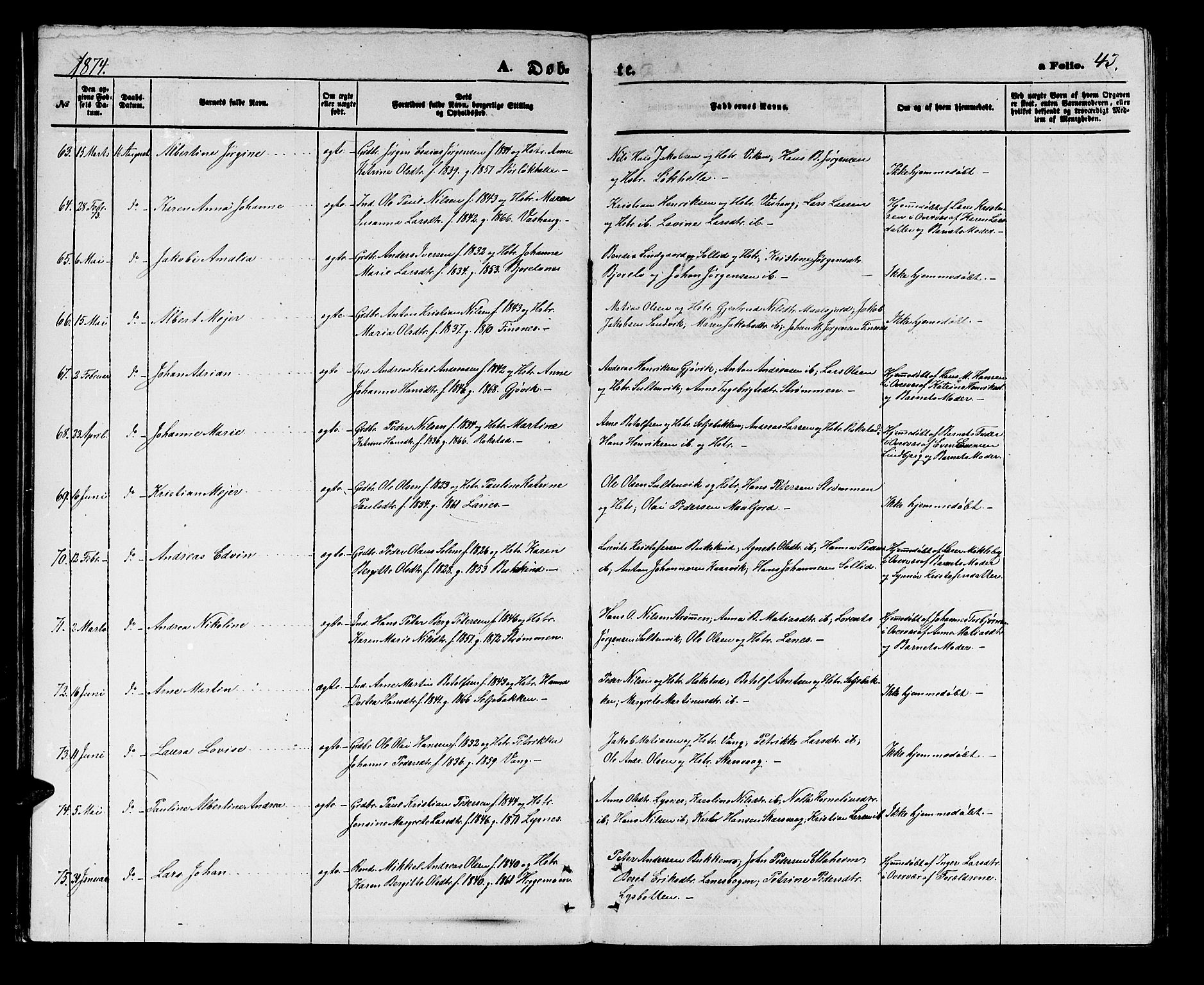 Lenvik sokneprestembete, AV/SATØ-S-1310/H/Ha/Hab/L0005klokker: Parish register (copy) no. 5, 1870-1880, p. 43