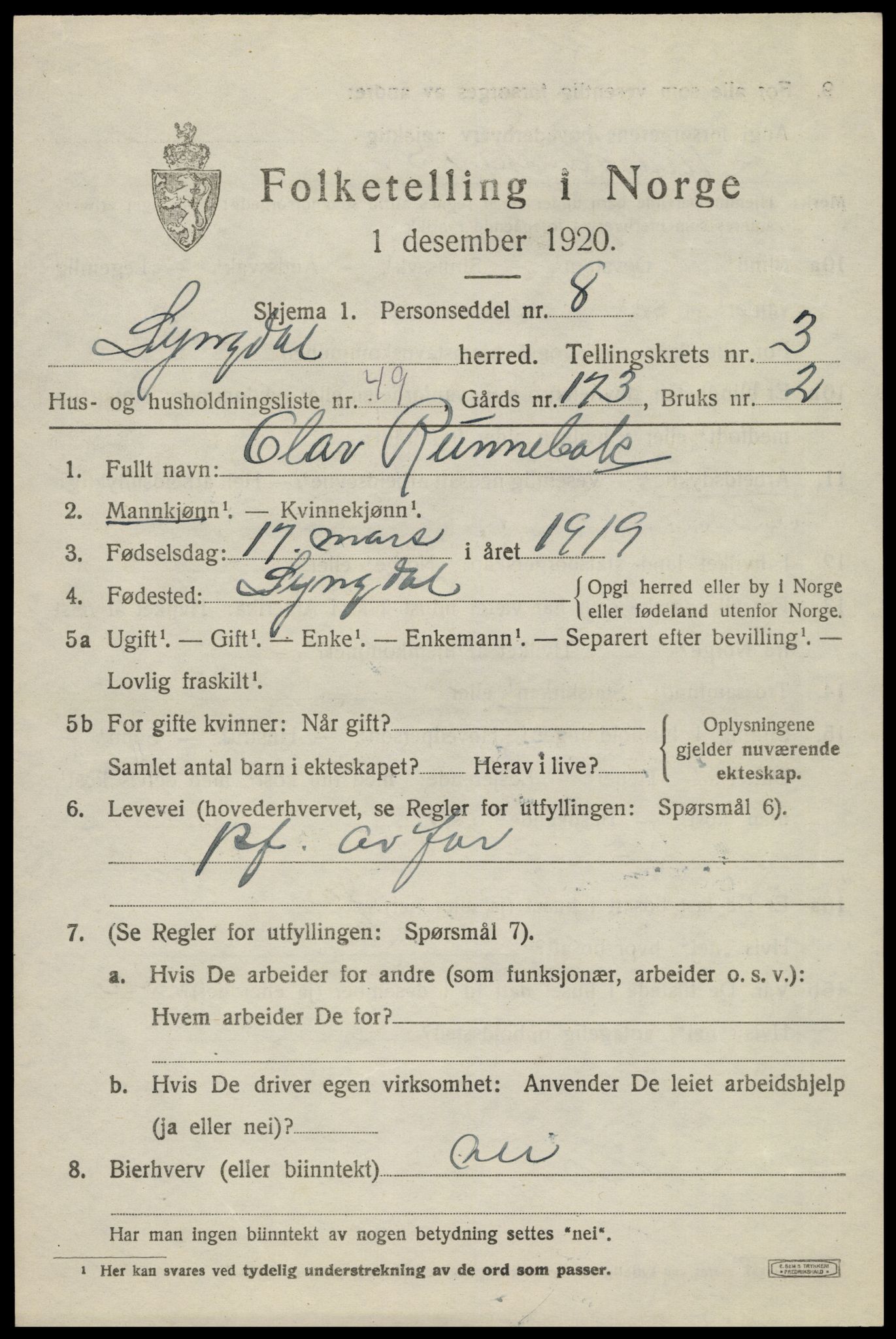 SAK, 1920 census for Lyngdal, 1920, p. 2321
