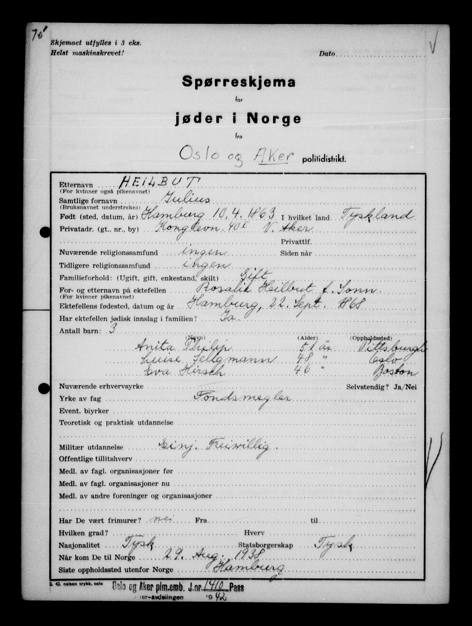 Statspolitiet - Hovedkontoret / Osloavdelingen, AV/RA-S-1329/G/Ga/L0011: Spørreskjema for jøder i Norge. 1: Oslo 610-806 (Plavnik-Zwillinger). 2: Aker 1-113 (Adler-Lewin). , 1942, p. 810