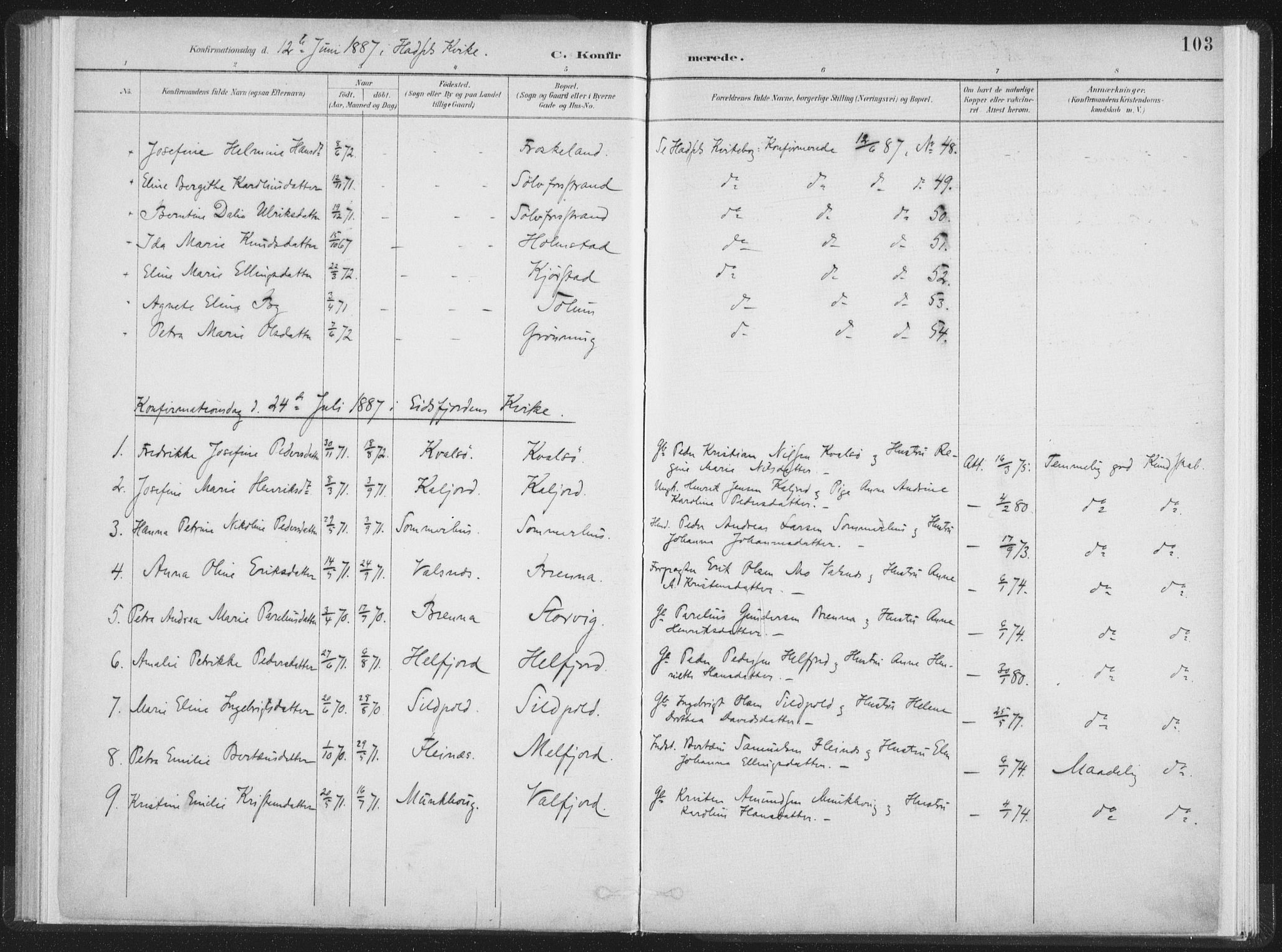 Ministerialprotokoller, klokkerbøker og fødselsregistre - Nordland, AV/SAT-A-1459/890/L1286: Parish register (official) no. 890A01, 1882-1902, p. 103