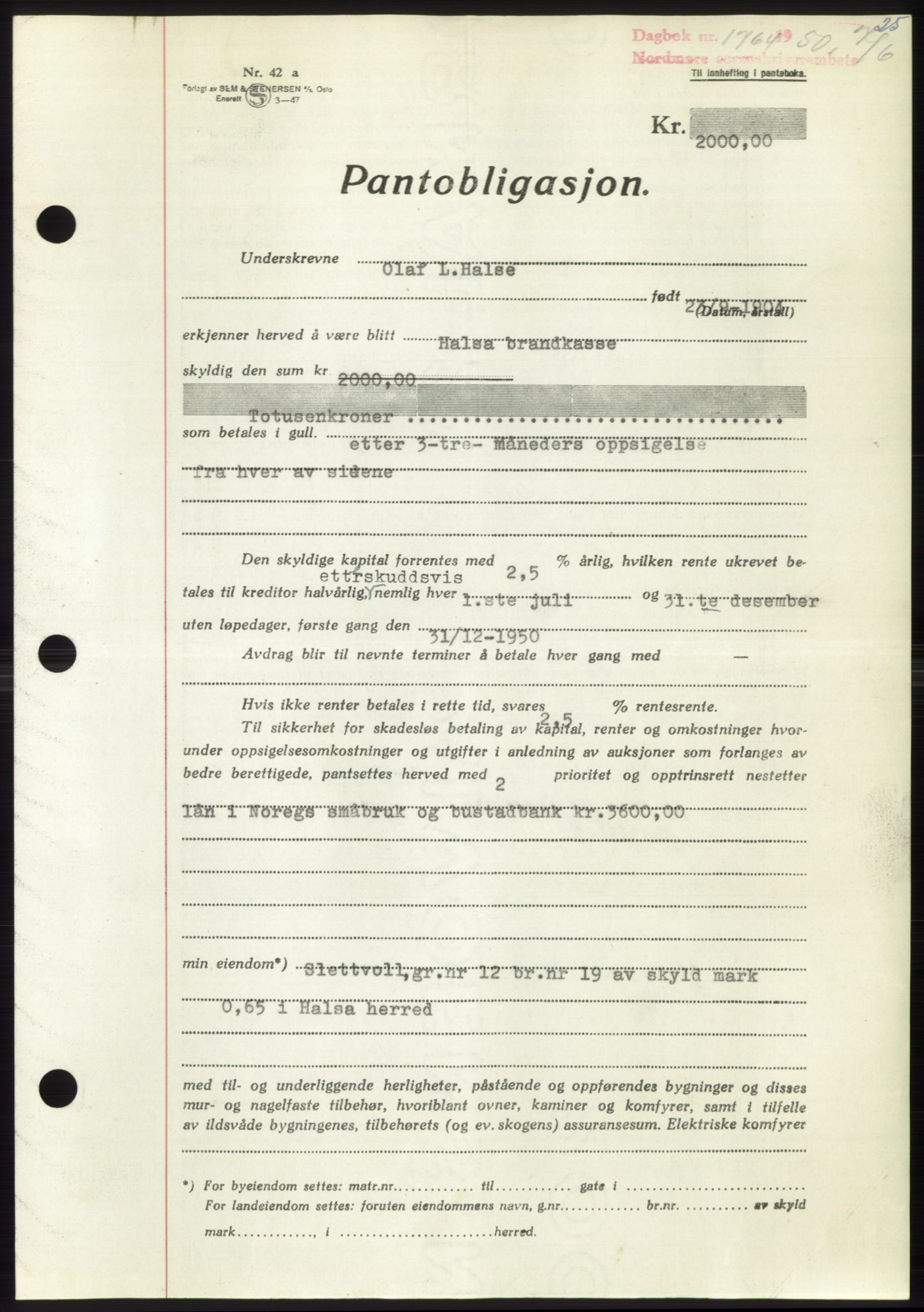 Nordmøre sorenskriveri, AV/SAT-A-4132/1/2/2Ca: Mortgage book no. B105, 1950-1950, Diary no: : 1764/1950