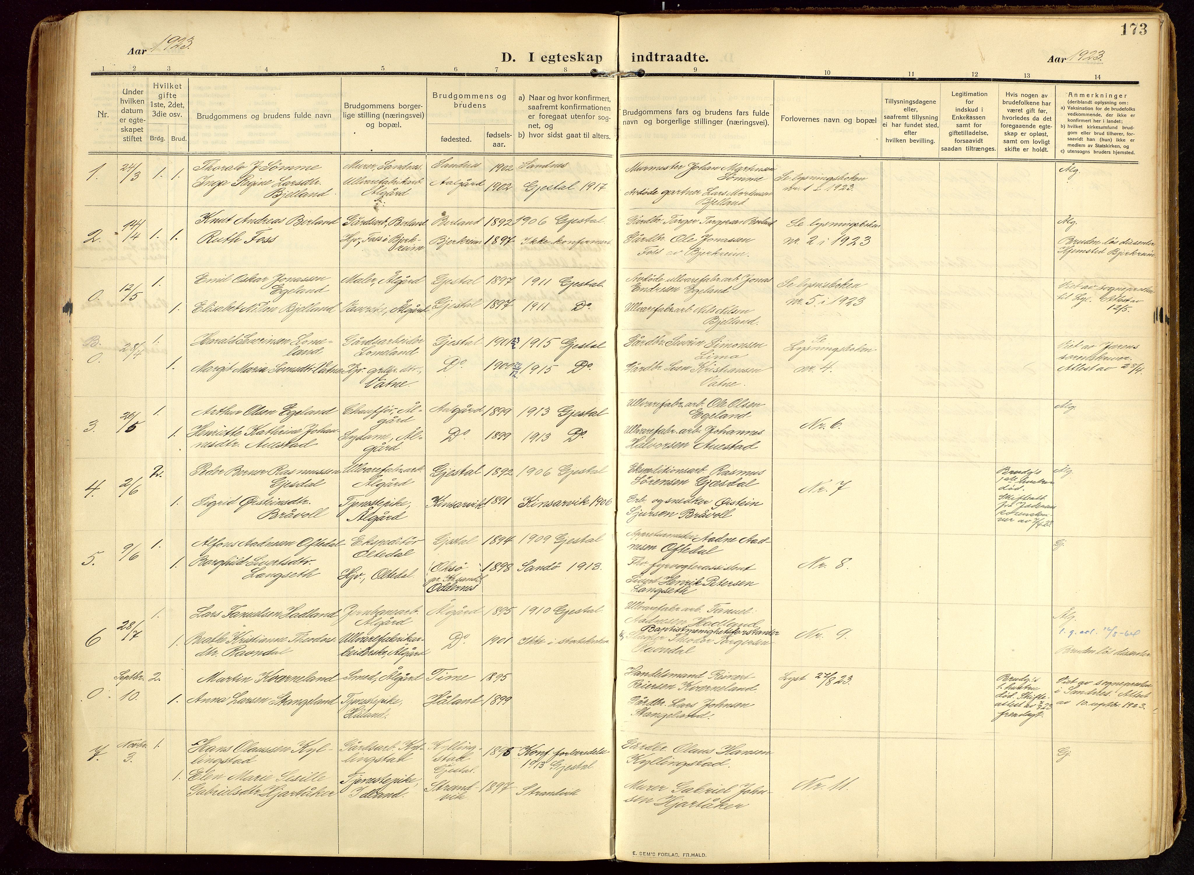 Lye sokneprestkontor, SAST/A-101794/002/B/L0001: Parish register (official) no. A 13, 1910-1925, p. 173