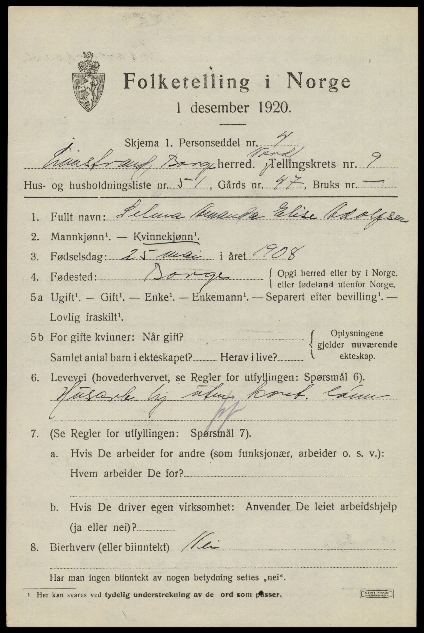 SAT, 1920 census for Borge, 1920, p. 8693