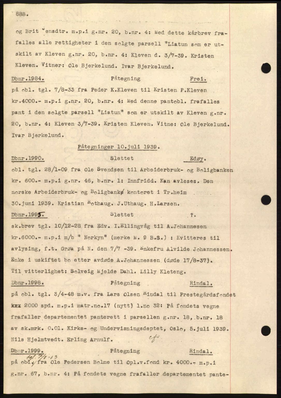 Nordmøre sorenskriveri, AV/SAT-A-4132/1/2/2Ca: Mortgage book no. C80, 1936-1939, Diary no: : 1984/1939