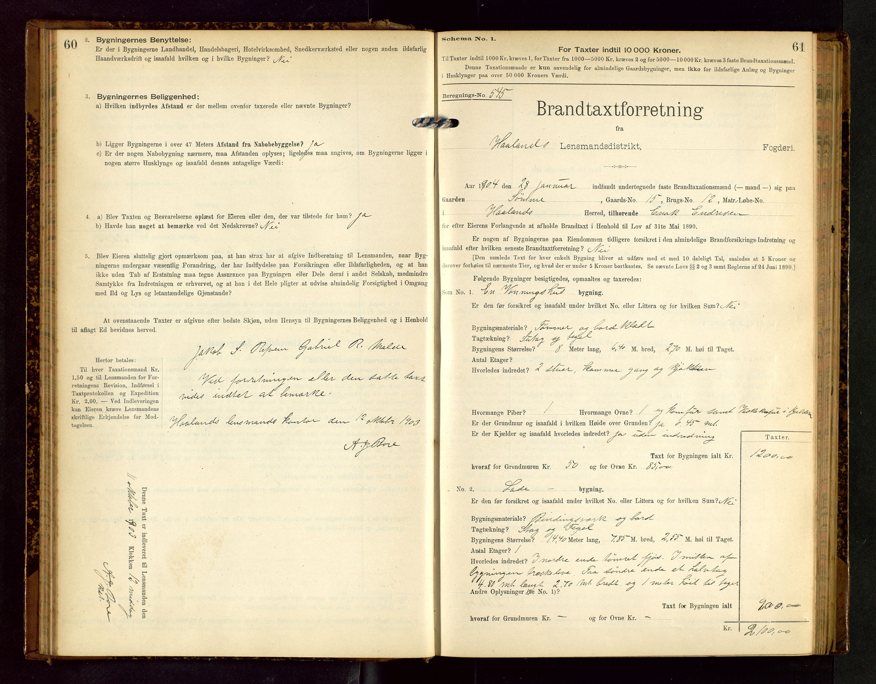 Håland lensmannskontor, SAST/A-100100/Gob/L0002: Branntakstprotokoll - skjematakst. Register i boken., 1902-1906, p. 60-61
