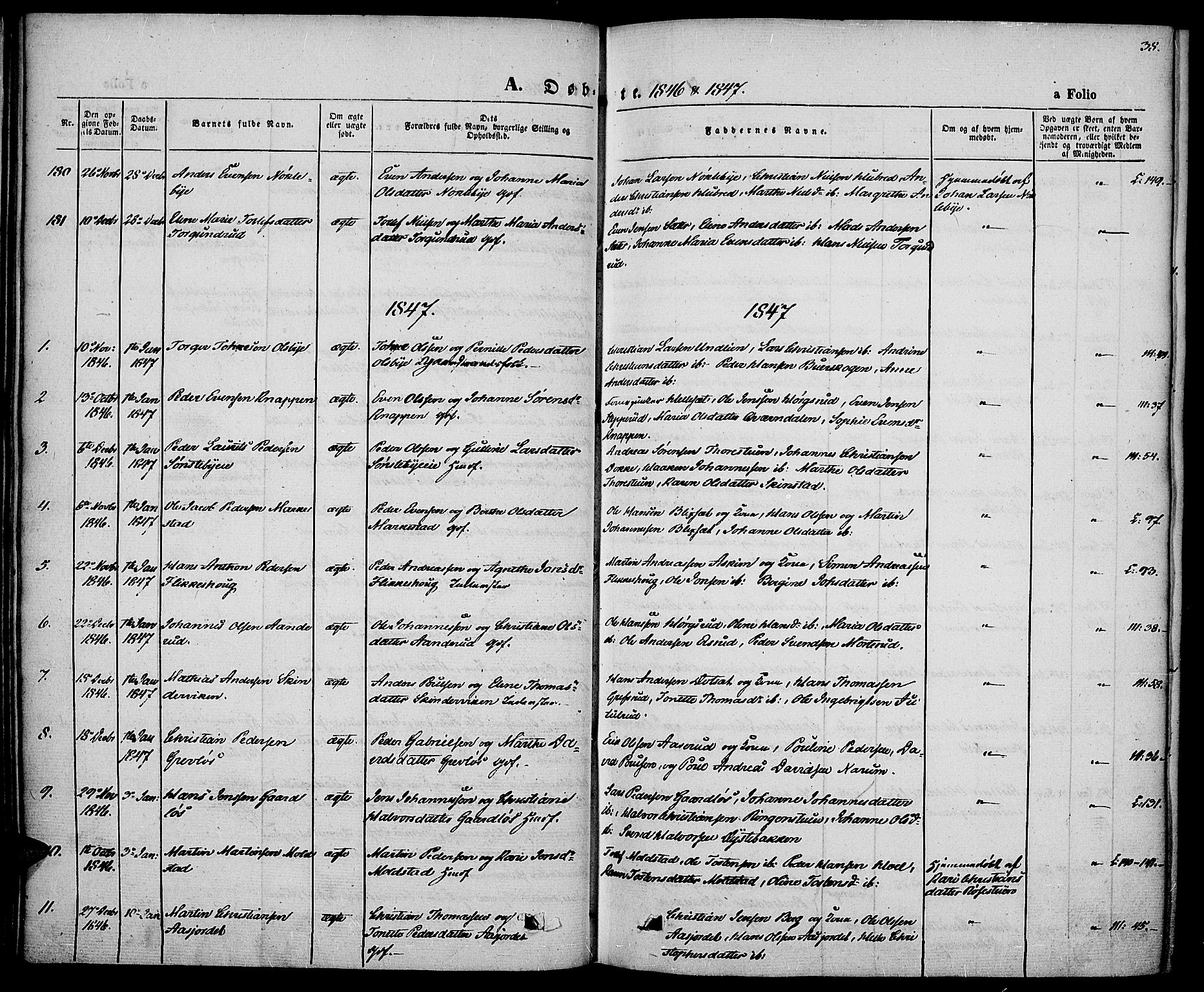 Vestre Toten prestekontor, SAH/PREST-108/H/Ha/Haa/L0004: Parish register (official) no. 4, 1844-1849, p. 38