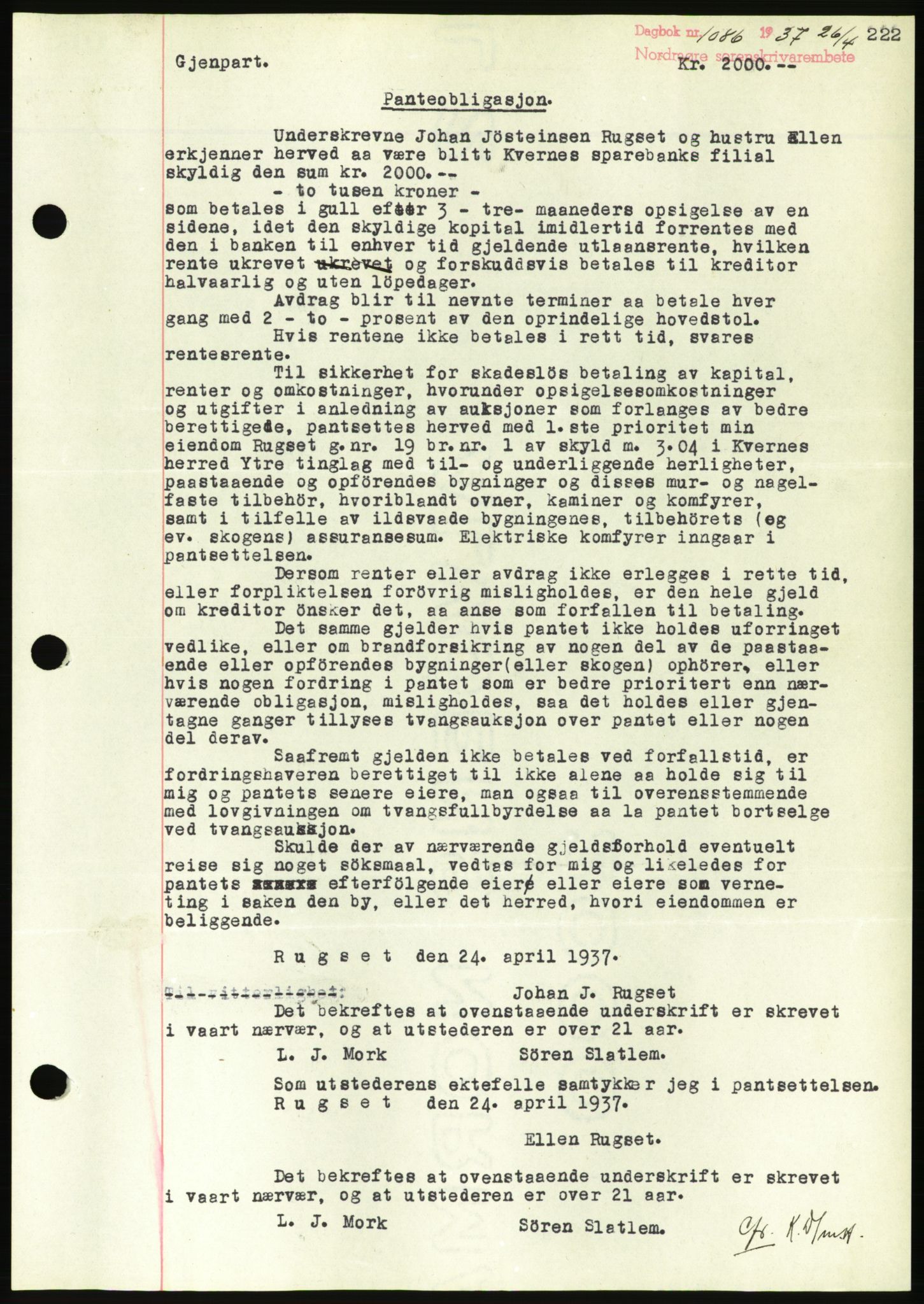 Nordmøre sorenskriveri, AV/SAT-A-4132/1/2/2Ca/L0091: Mortgage book no. B81, 1937-1937, Diary no: : 1086/1937