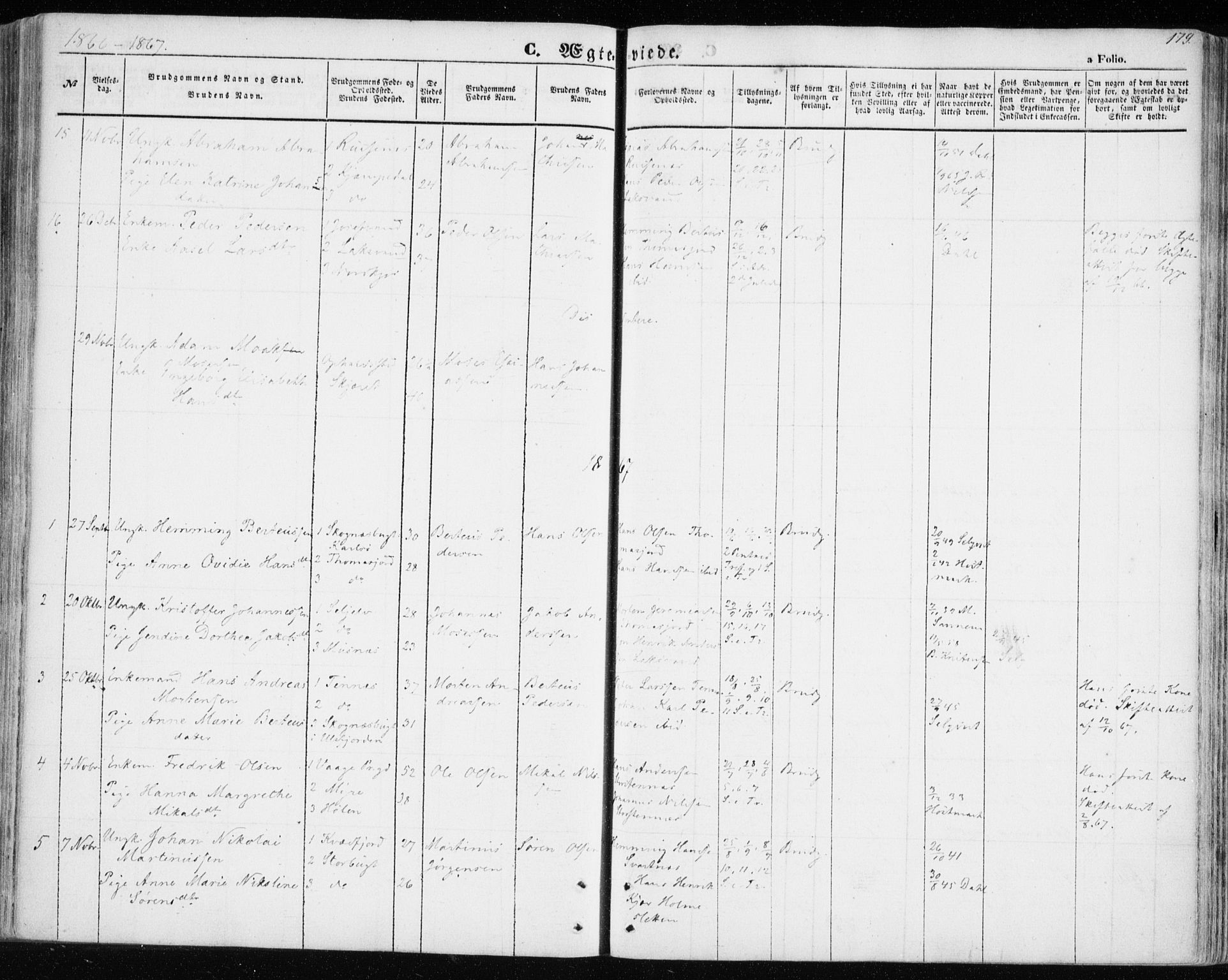 Balsfjord sokneprestembete, AV/SATØ-S-1303/G/Gaa/L0003kirke: Parish register (official) no. 3, 1856-1870, p. 179