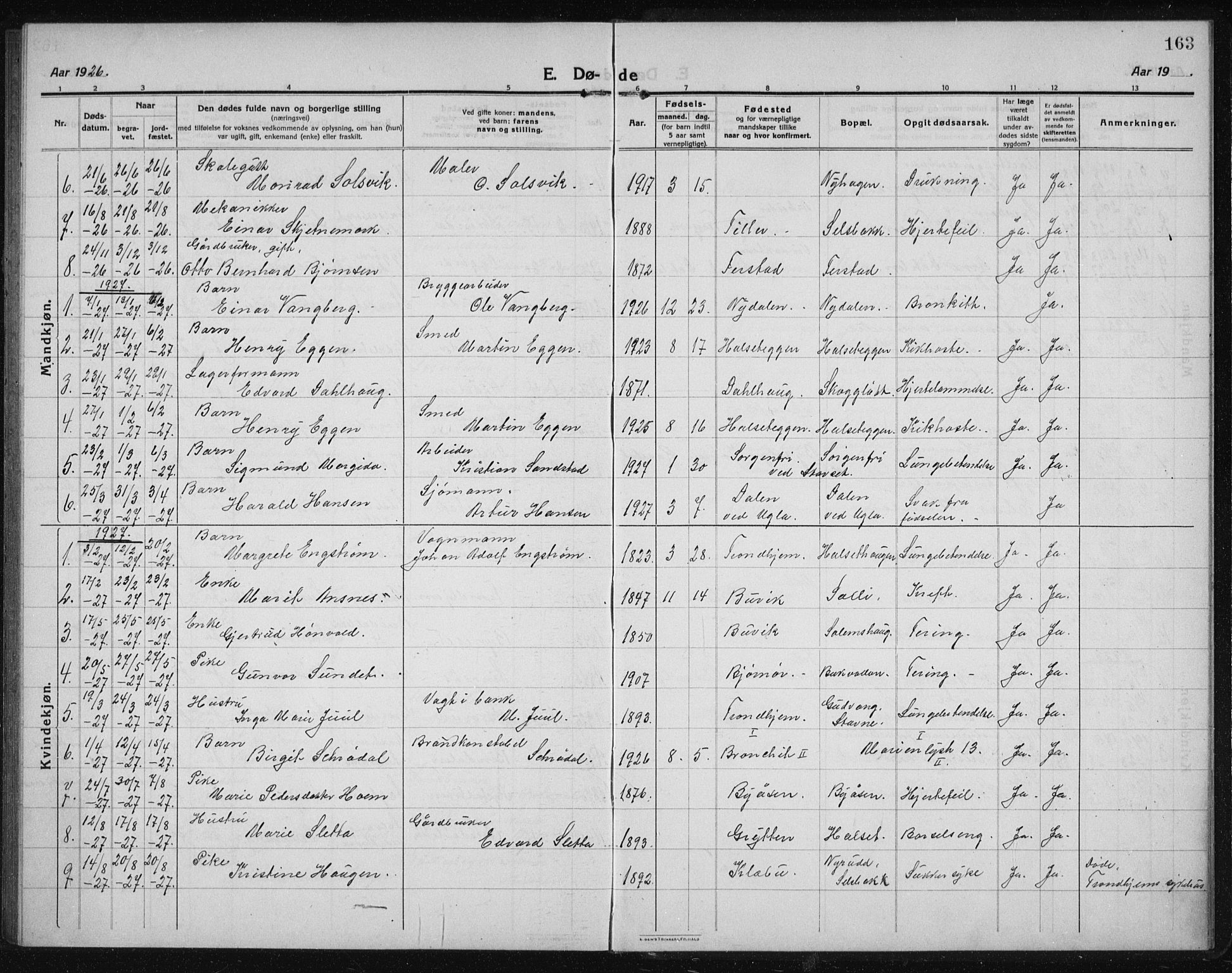 Ministerialprotokoller, klokkerbøker og fødselsregistre - Sør-Trøndelag, SAT/A-1456/611/L0356: Parish register (copy) no. 611C04, 1914-1938, p. 163