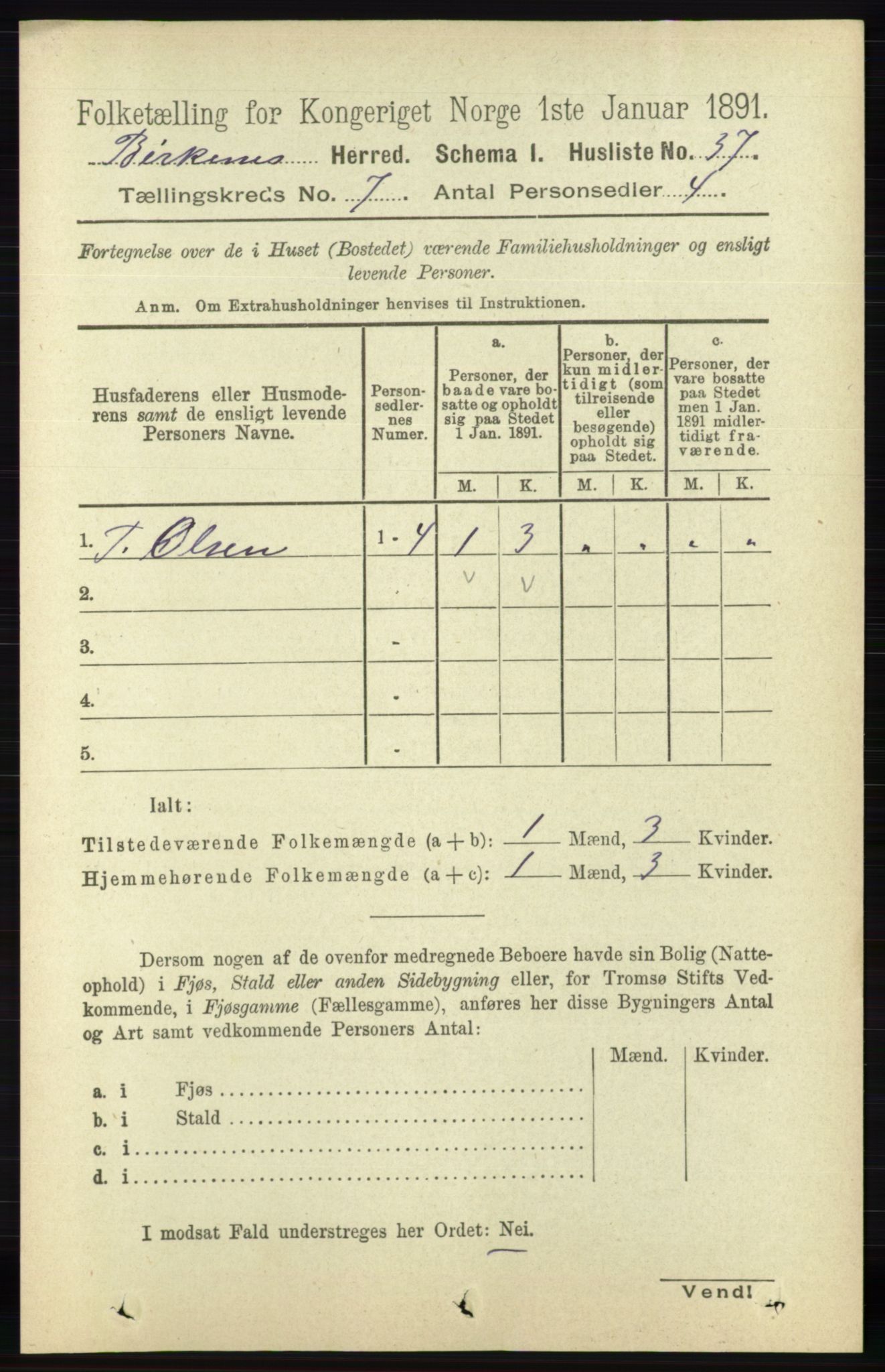 RA, 1891 Census for 0928 Birkenes, 1891, p. 1979