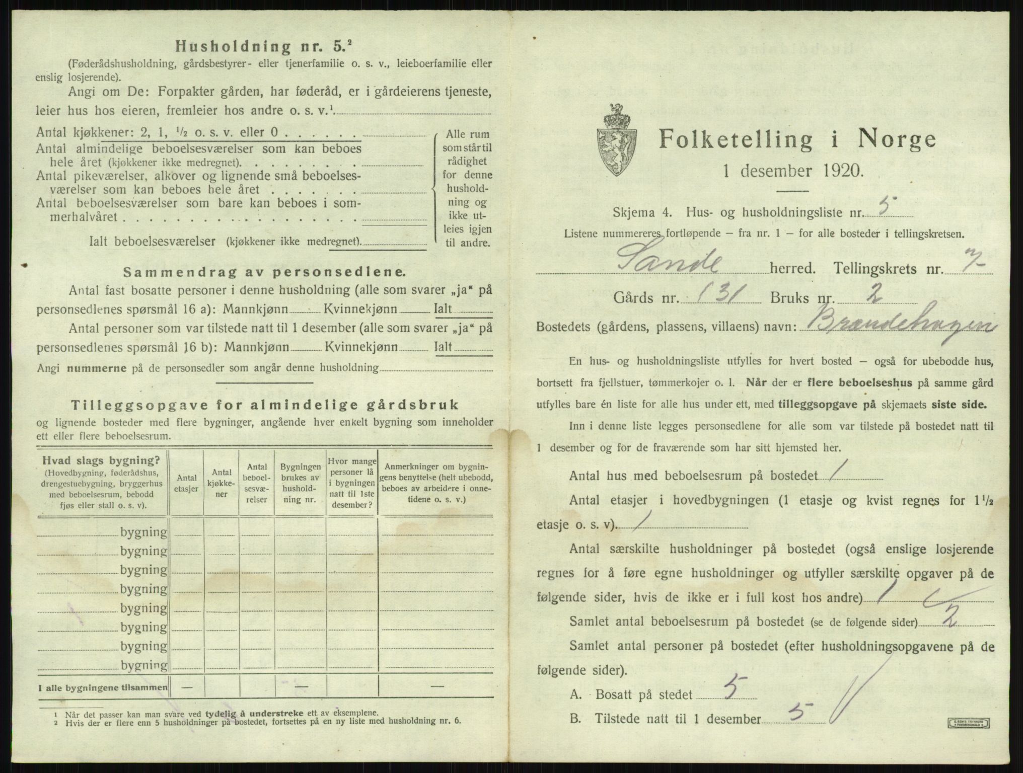 SAKO, 1920 census for Sande, 1920, p. 1221