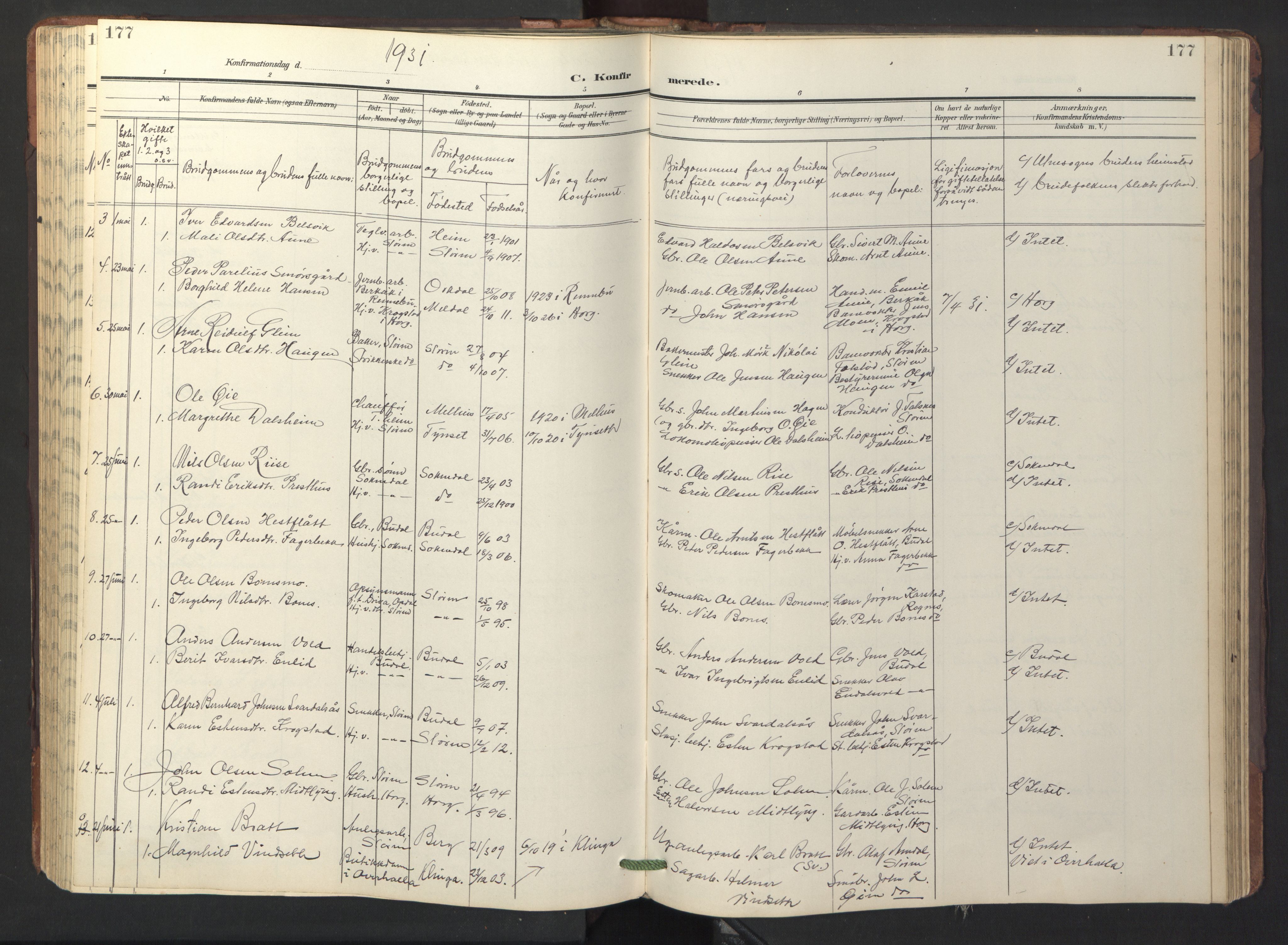 Ministerialprotokoller, klokkerbøker og fødselsregistre - Sør-Trøndelag, SAT/A-1456/687/L1019: Parish register (copy) no. 687C03, 1904-1931, p. 177