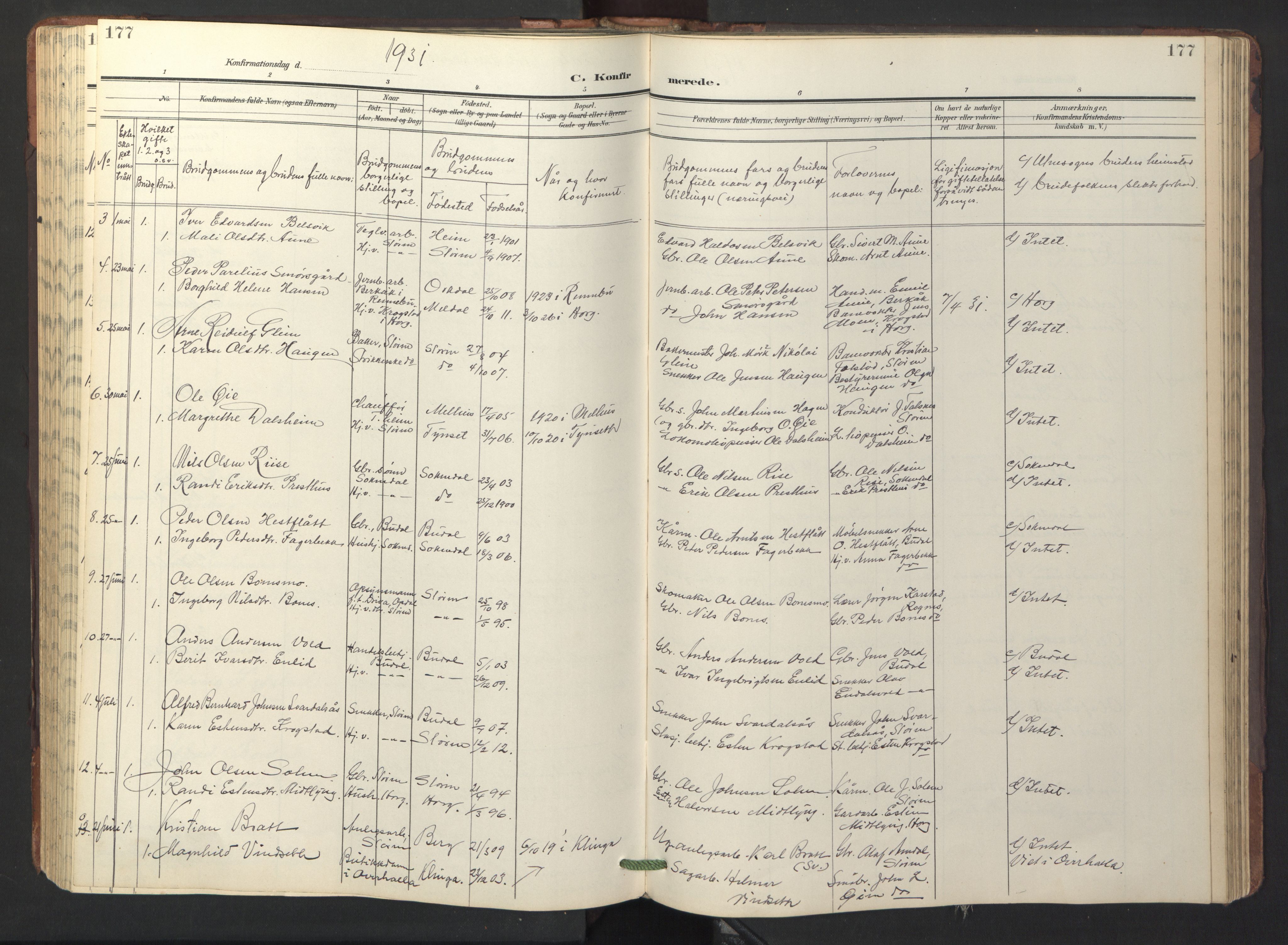 Ministerialprotokoller, klokkerbøker og fødselsregistre - Sør-Trøndelag, AV/SAT-A-1456/687/L1019: Parish register (copy) no. 687C03, 1904-1931, p. 177