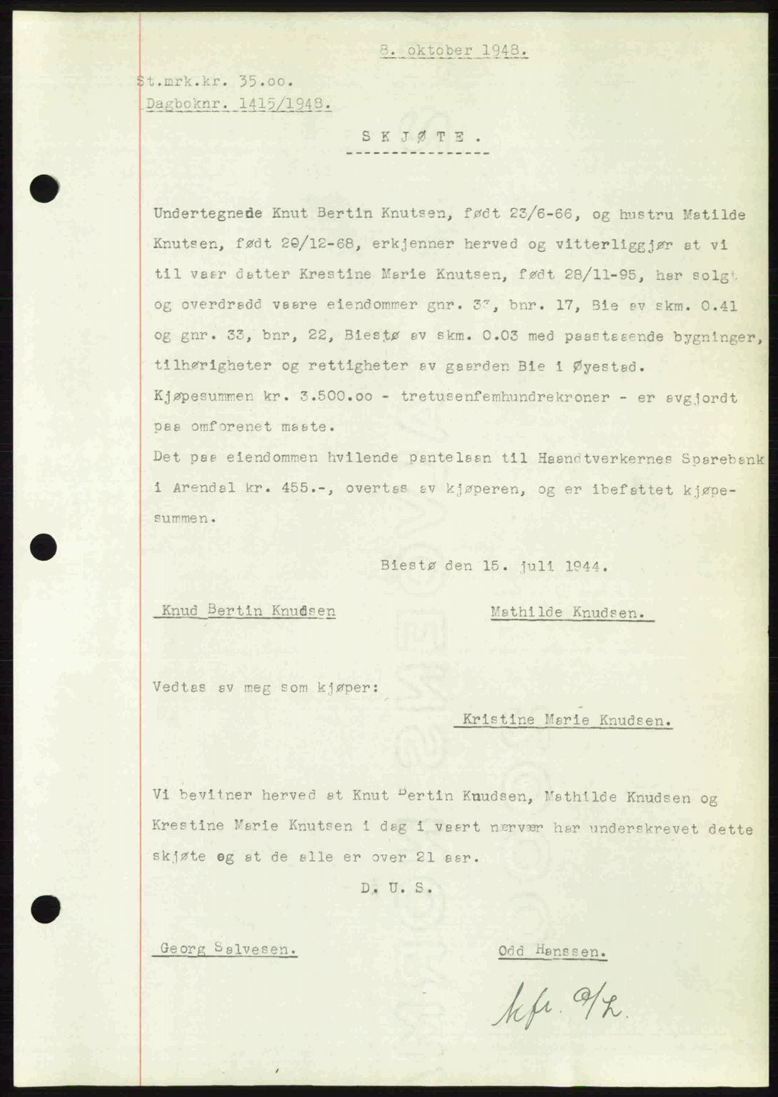 Nedenes sorenskriveri, SAK/1221-0006/G/Gb/Gba/L0059: Mortgage book no. A11, 1948-1948, Diary no: : 1415/1948