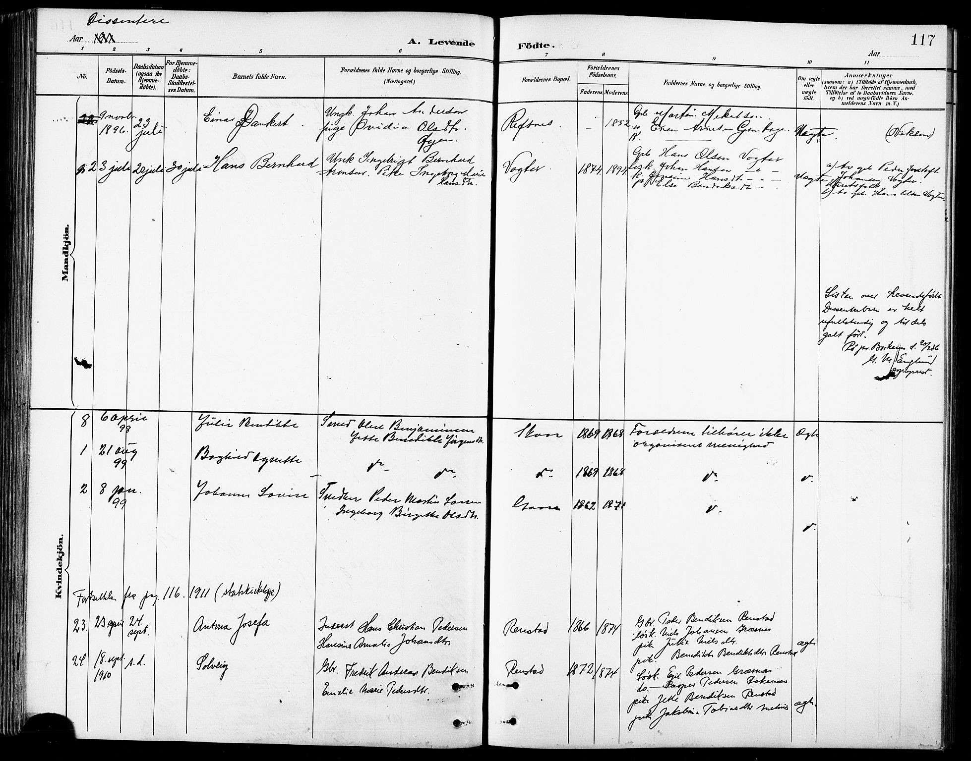 Kvæfjord sokneprestkontor, SATØ/S-1323/G/Ga/Gab/L0005klokker: Parish register (copy) no. 5, 1886-1911, p. 117