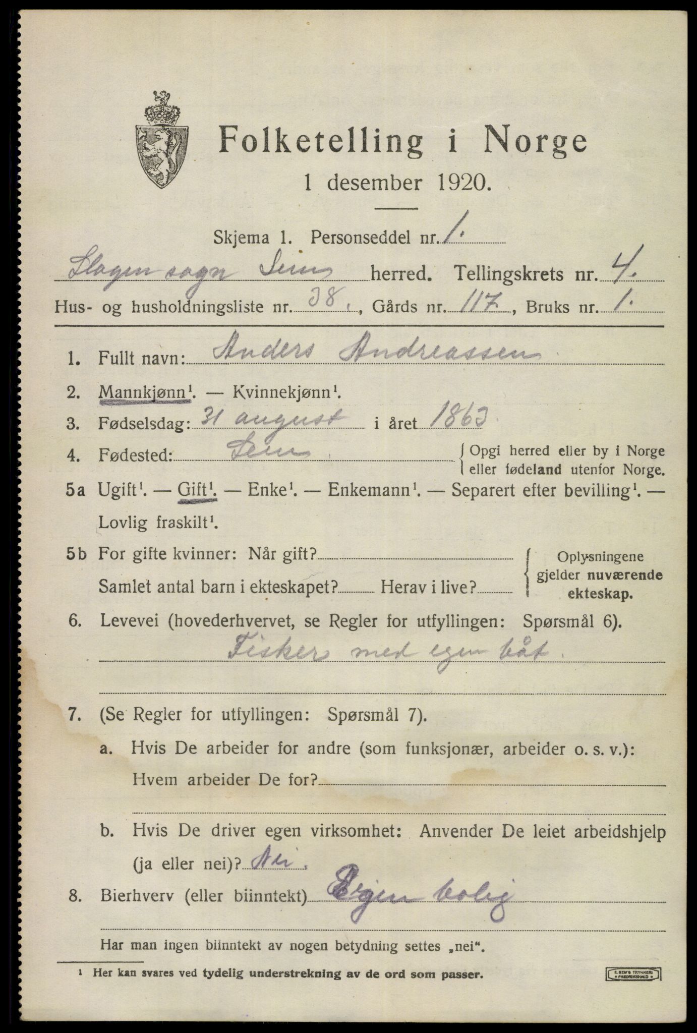 SAKO, 1920 census for Sem, 1920, p. 7487
