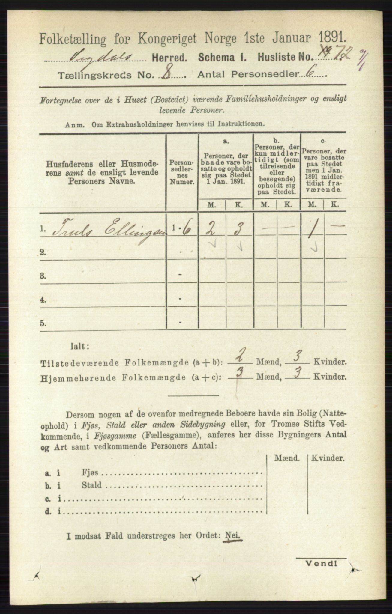 RA, 1891 census for 0621 Sigdal, 1891, p. 3172