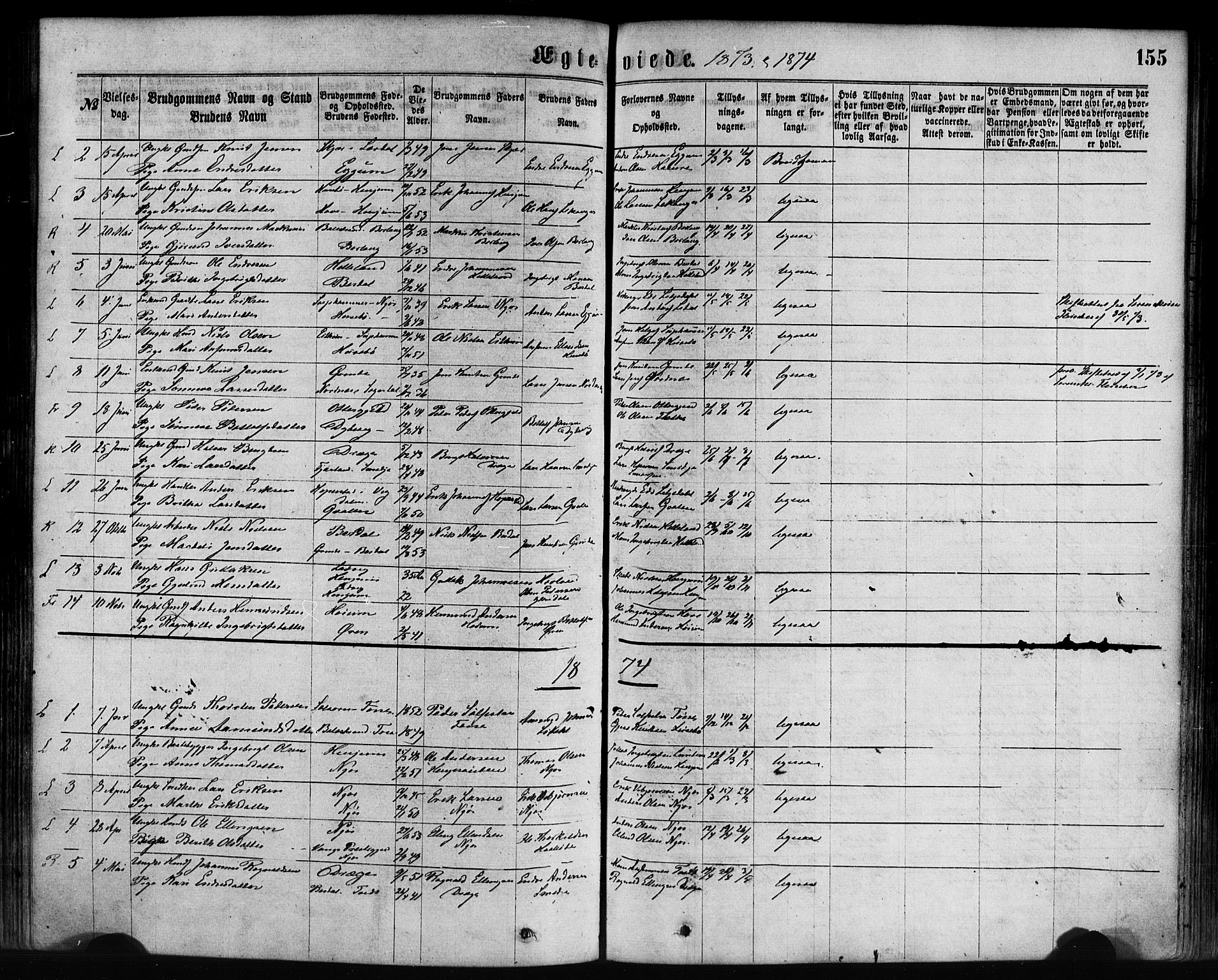 Leikanger sokneprestembete, AV/SAB-A-81001/H/Haa/Haaa/L0009: Parish register (official) no. A 9, 1869-1888, p. 155