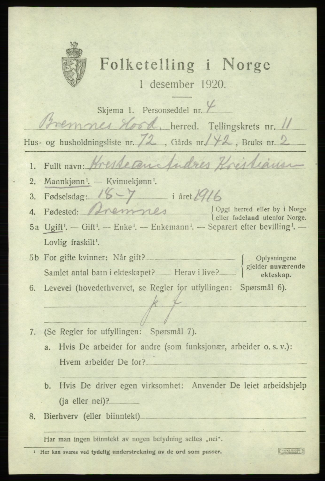 SAB, 1920 census for Bremnes, 1920, p. 7572