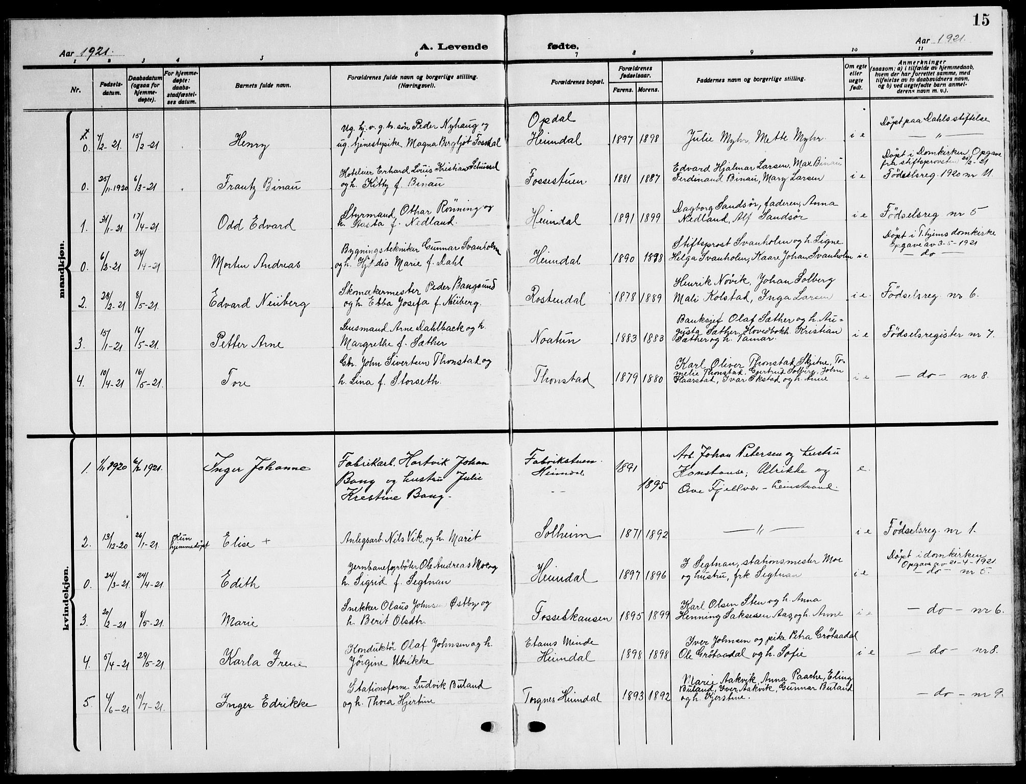 Ministerialprotokoller, klokkerbøker og fødselsregistre - Sør-Trøndelag, SAT/A-1456/621/L0462: Parish register (copy) no. 621C05, 1915-1945, p. 15