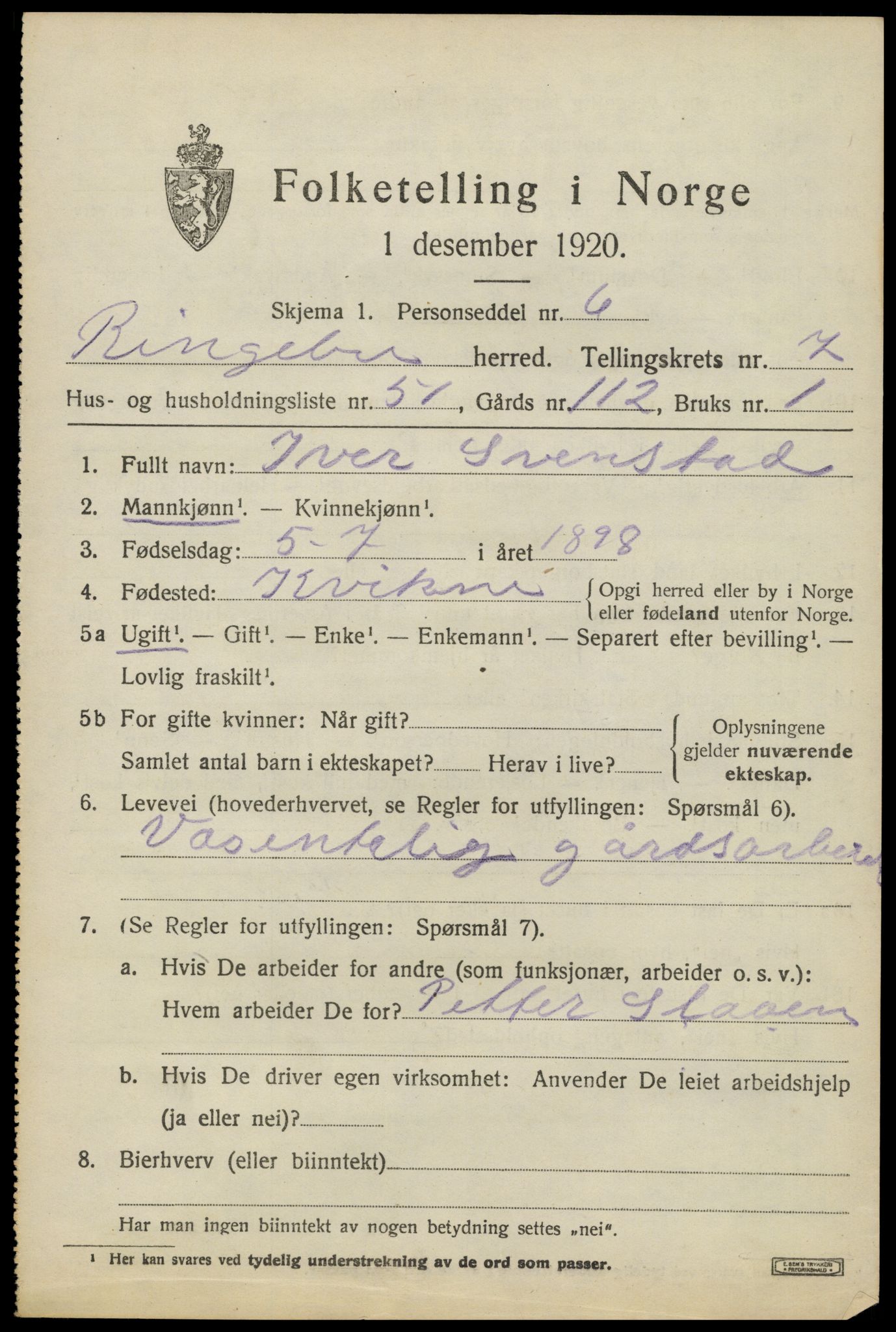 SAH, 1920 census for Ringebu, 1920, p. 7997