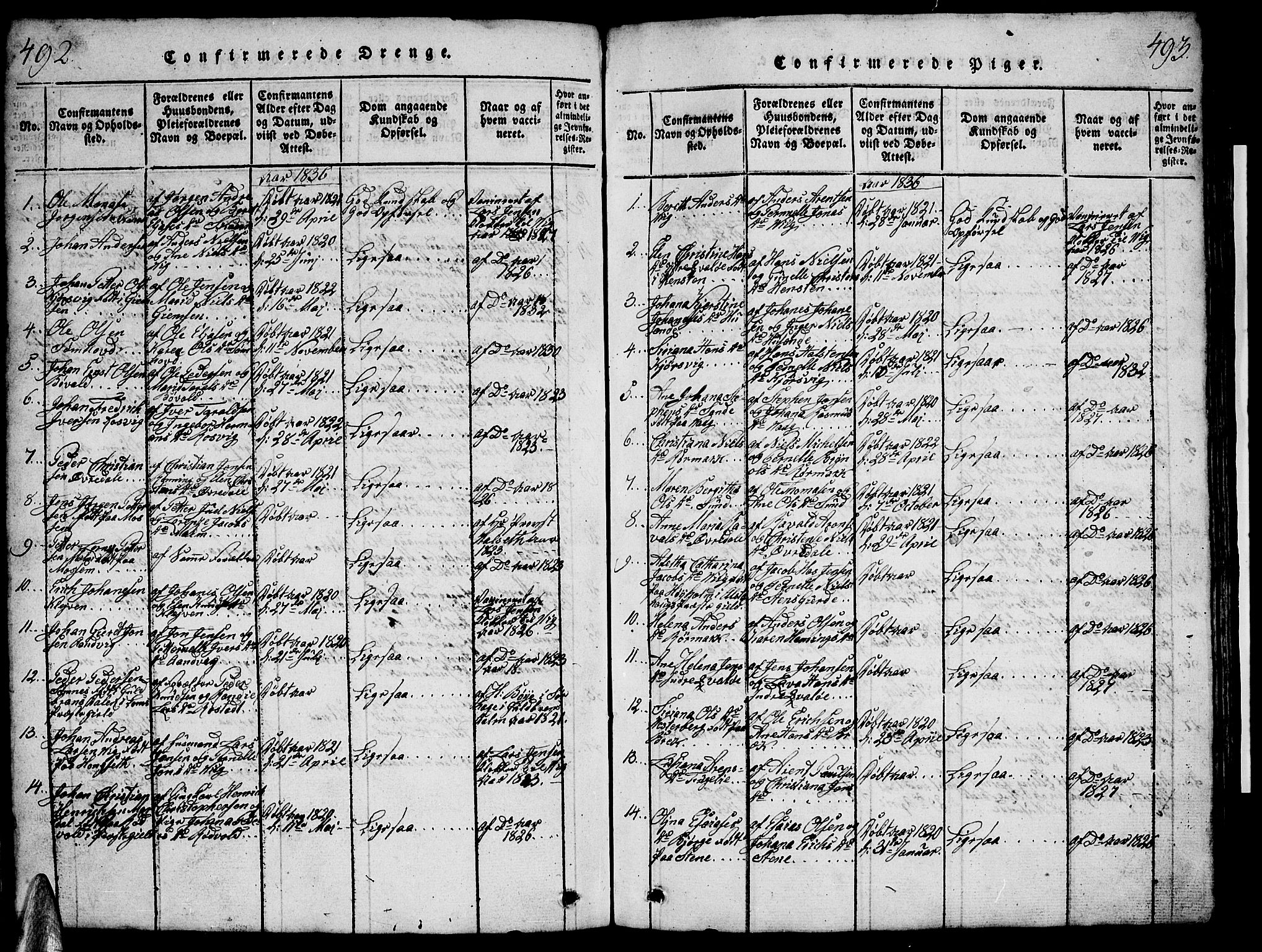 Ministerialprotokoller, klokkerbøker og fødselsregistre - Nordland, AV/SAT-A-1459/812/L0186: Parish register (copy) no. 812C04, 1820-1849, p. 492-493