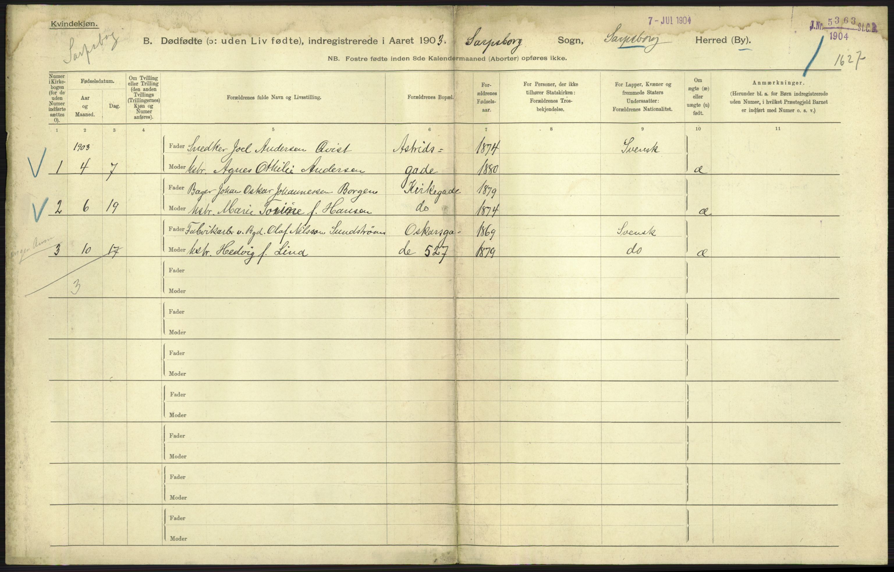 Statistisk sentralbyrå, Sosiodemografiske emner, Befolkning, AV/RA-S-2228/D/Df/Dfa/Dfaa/L0026: Smålenenes - Finnmarkens amt: Dødfødte. Byer., 1903, p. 109